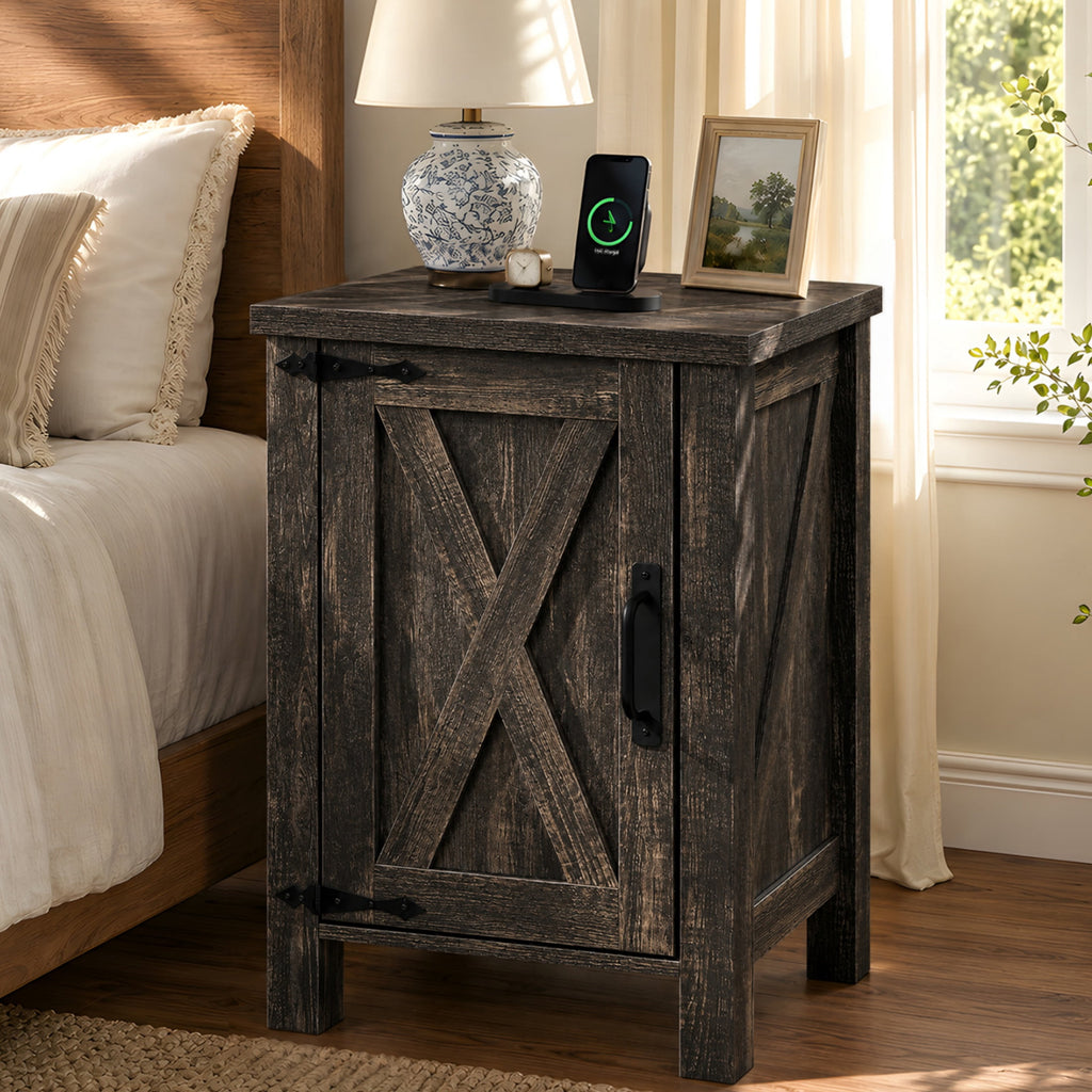 GALAXHERO Narrow Nightstand with Charging Station, Farmhouse Barn Door Wood Bedside Table & End Table with Storage for Bedroom, Living Room,Dorm