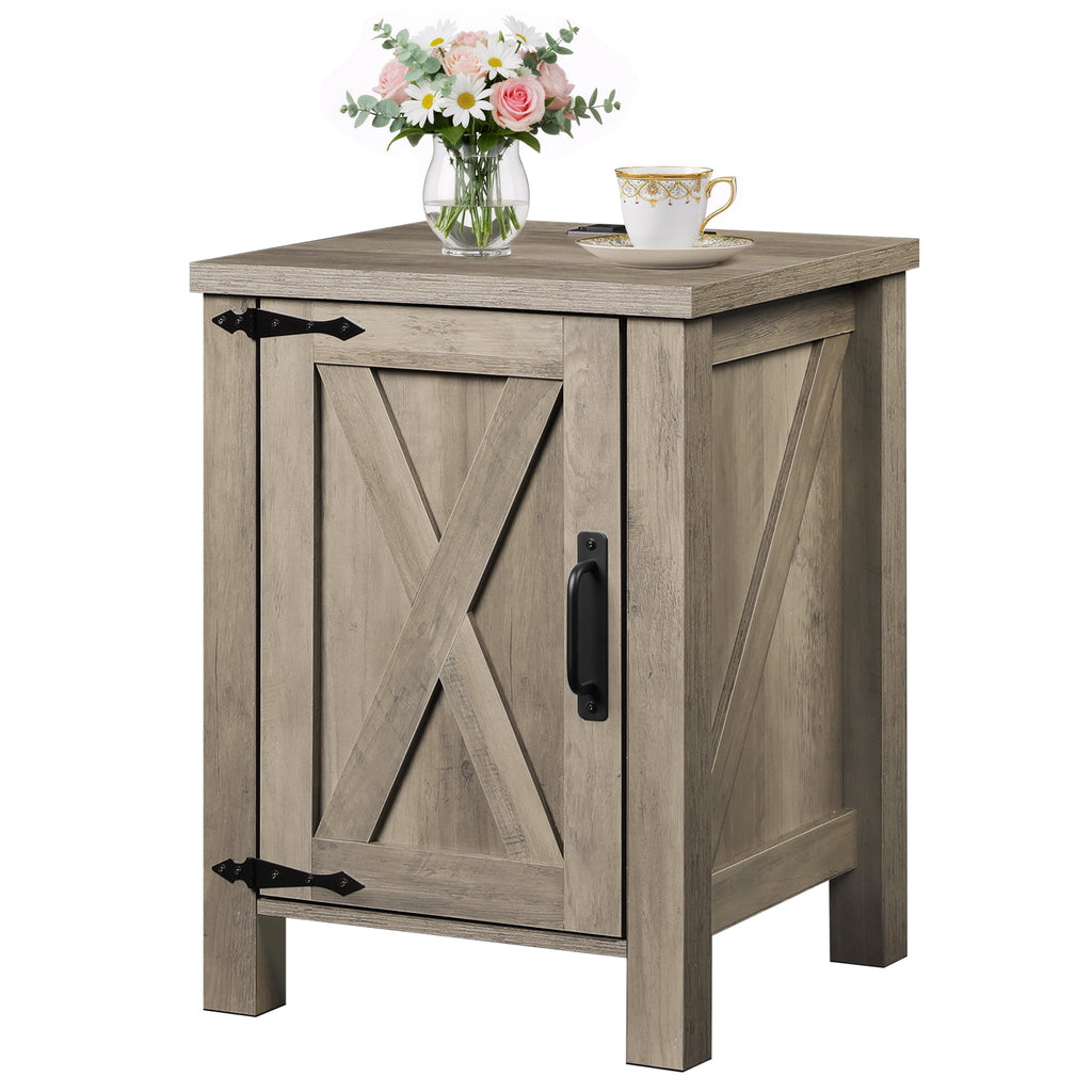 GALAXHERO Nightstand with Charging Station, Farmhouse Narrow Side Table with Barn Door, Wooden Bedside Table for Bedroom, End Tables for Living Room