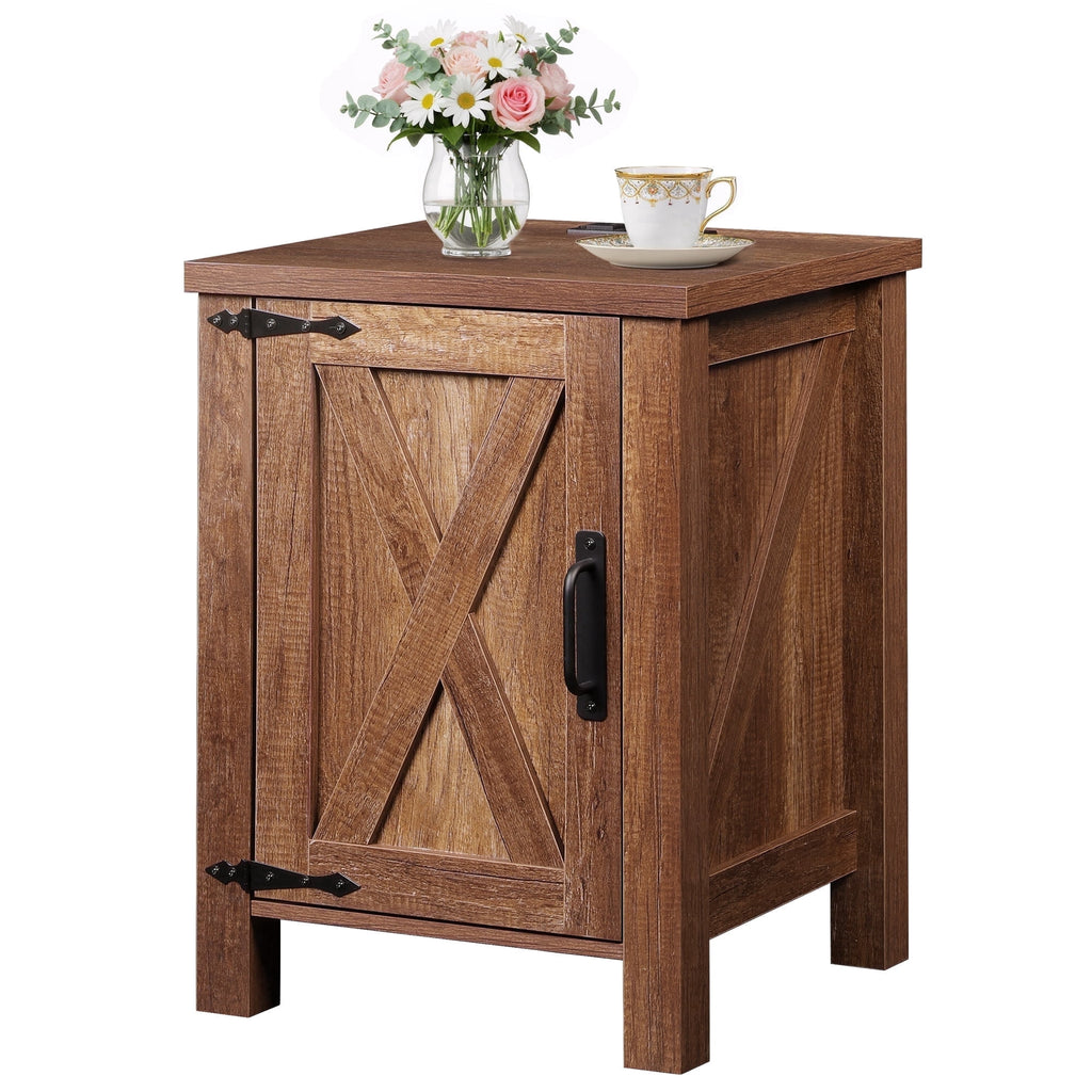 GALAXHERO Nightstand with Charging Station, Farmhouse Narrow Side Table with Barn Door, Wooden Bedside Table for Bedroom, End Tables for Living Room