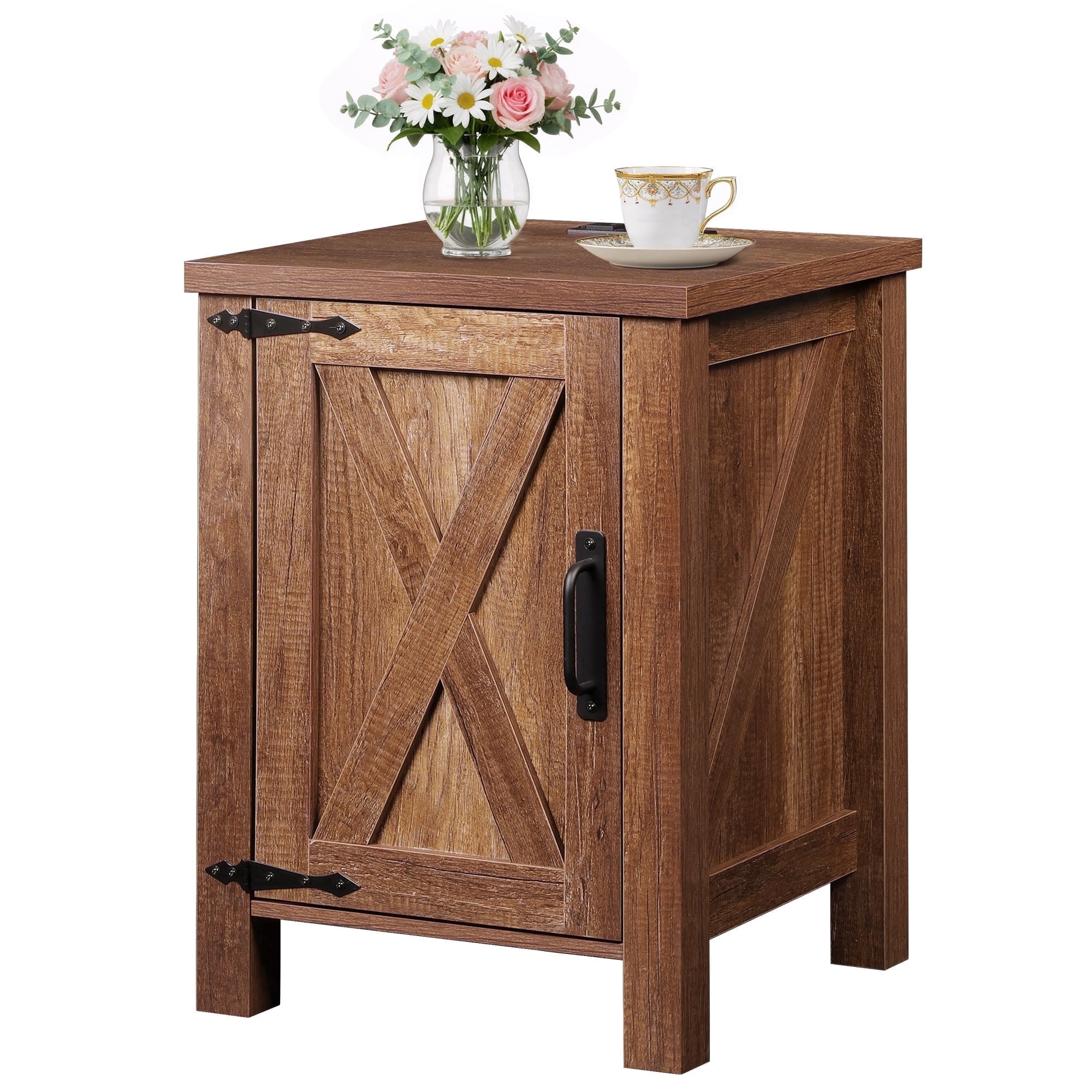 GALAXHERO Nightstand with Charging Station, Farmhouse Narrow Side Table with Barn Door, Wooden Bedside Table for Bedroom, End Tables for Living Room