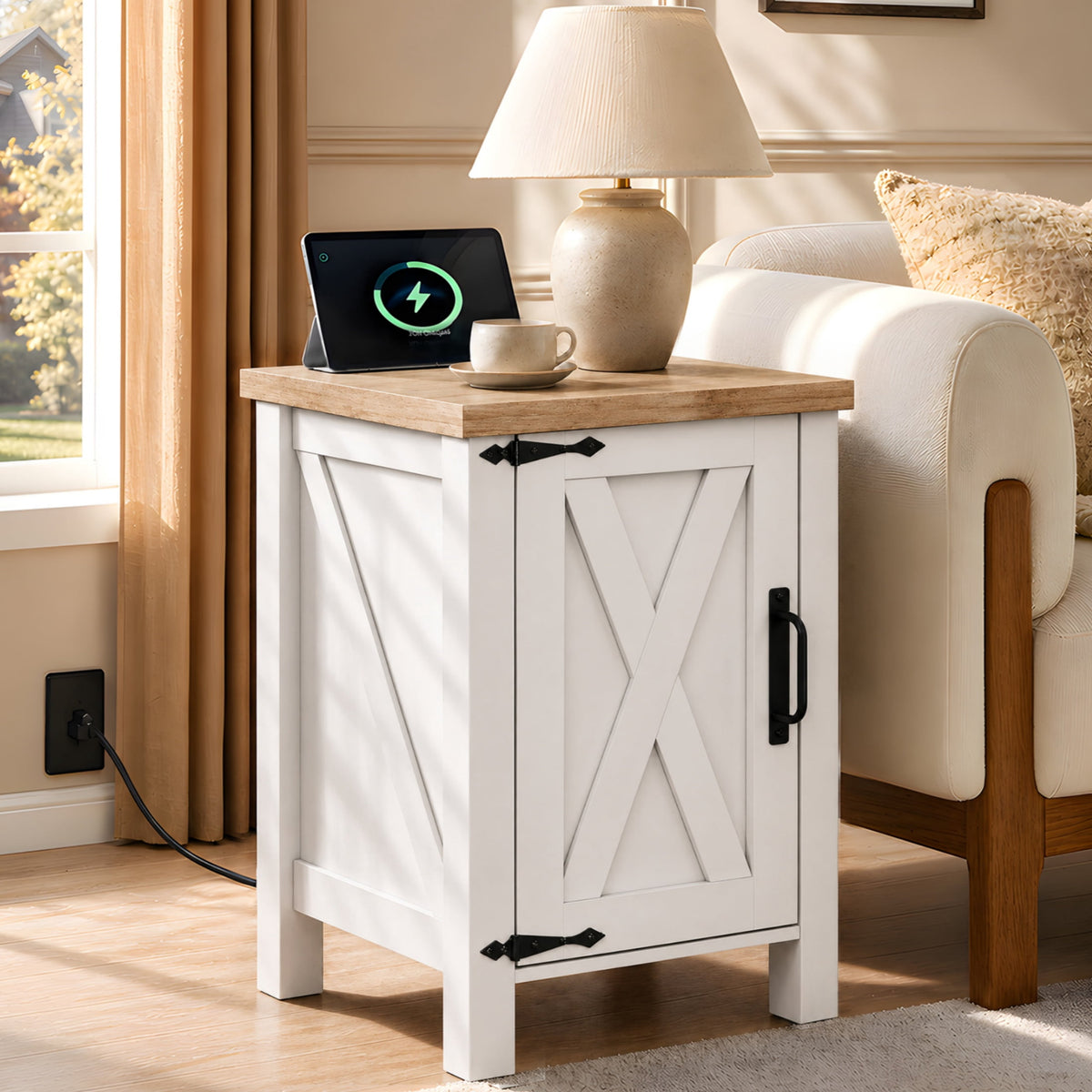 GALAXHERO Narrow Nightstand with Charging Station, Farmhouse Barn Door Wood Bedside Table & End Table with Storage for Bedroom, Living Room,Dorm