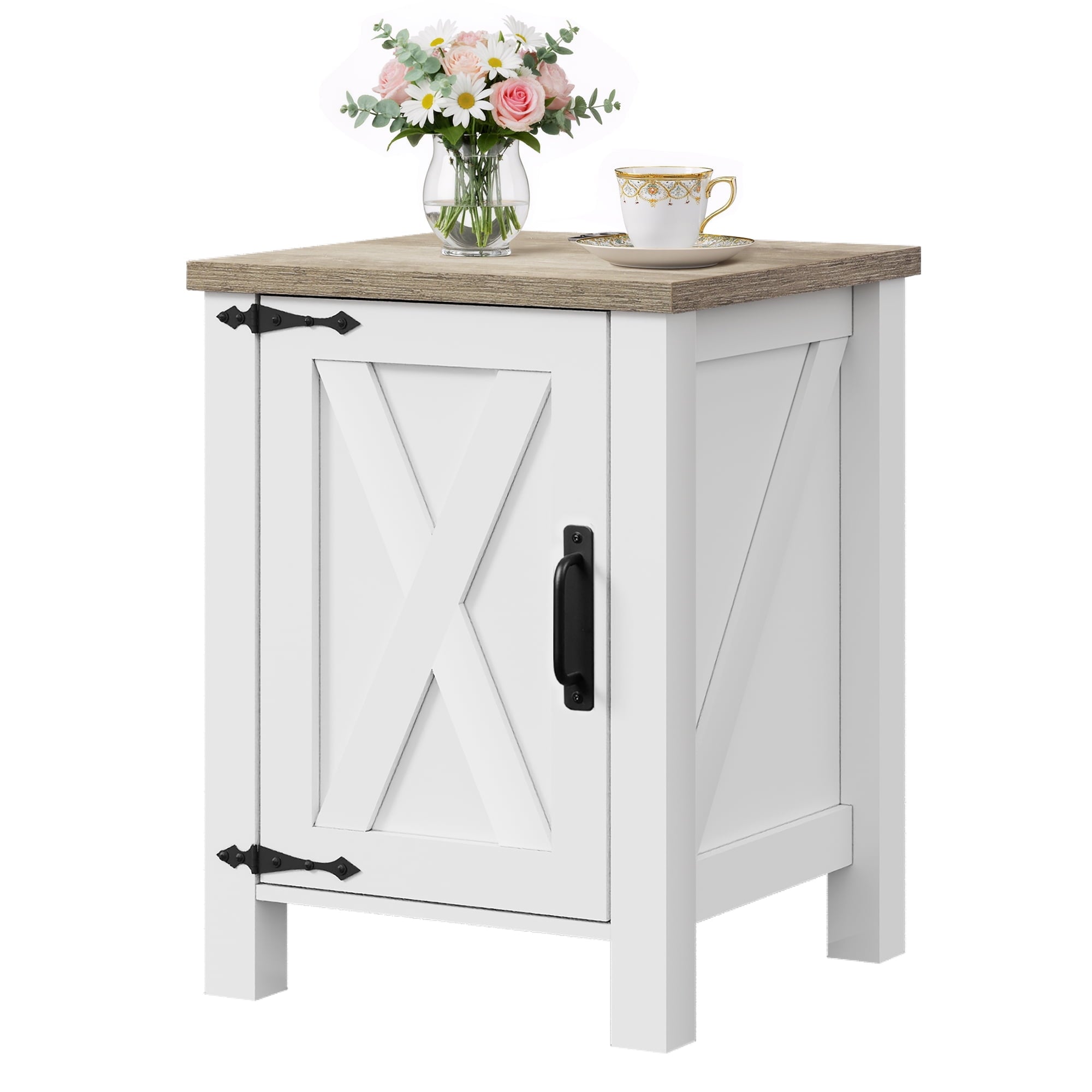 GALAXHERO Nightstand with Charging Station, Farmhouse Narrow Side Table with Barn Door, Wooden Bedside Table for Bedroom, End Tables for Living Room