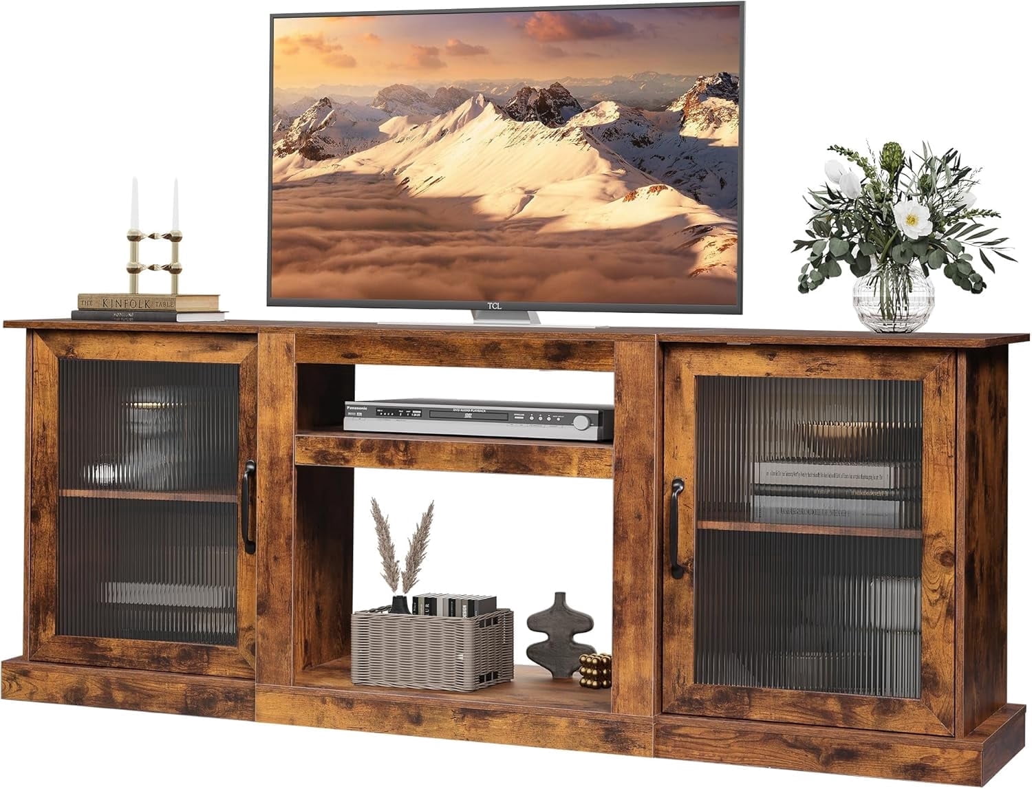 GALAXHERO Farmhouse TV Stand for 75 inch TV Entertainment Center with Storage Cabinets Mid Century Modern TV Console for Living Room, Bedroom