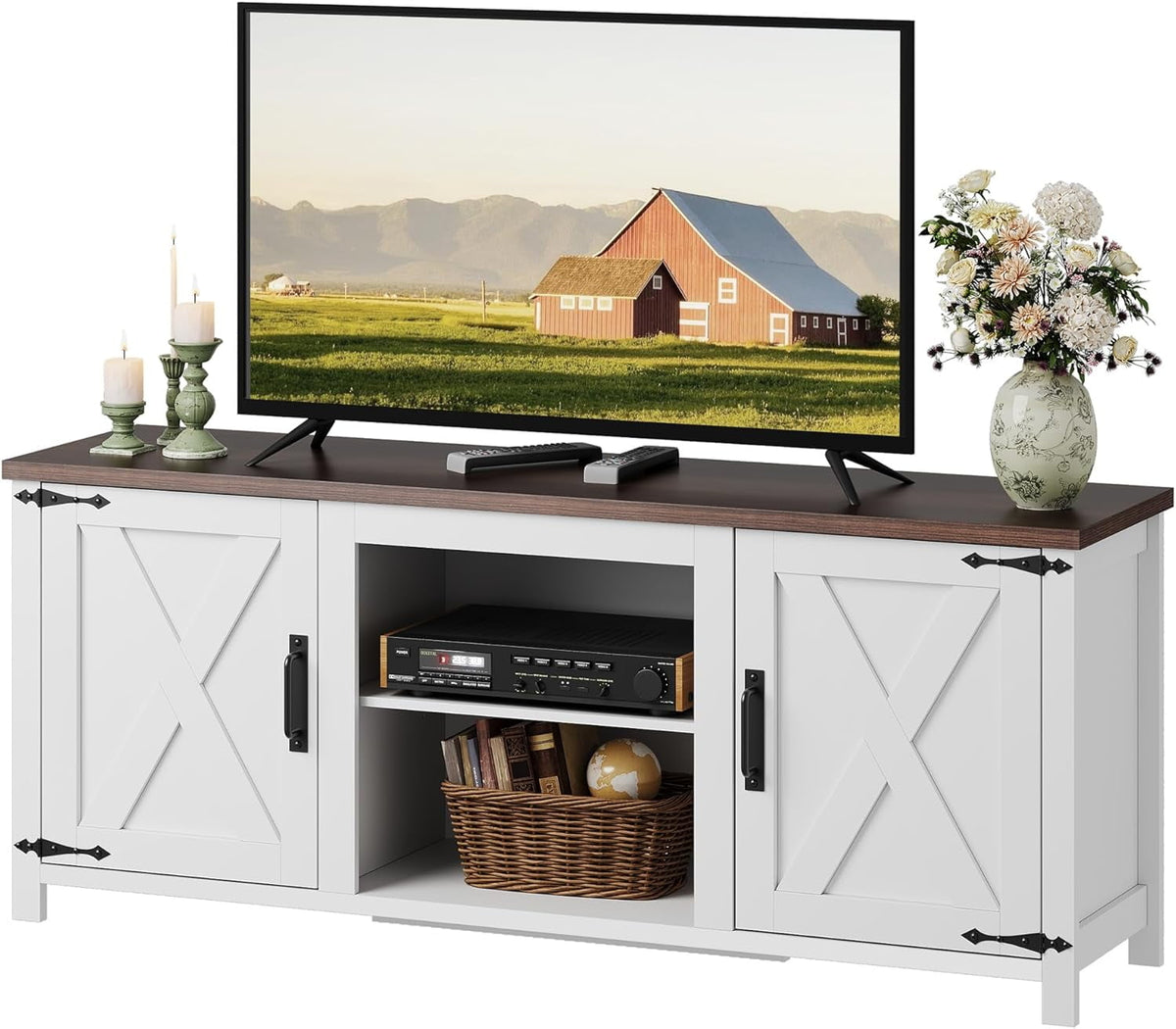 GALAXHERO Farmhouse TV Stand for TVs up to 65", Modern Entertainment Center Large Storage Media TV Console with Adjustable Shelves & Cable Holes for Living Room