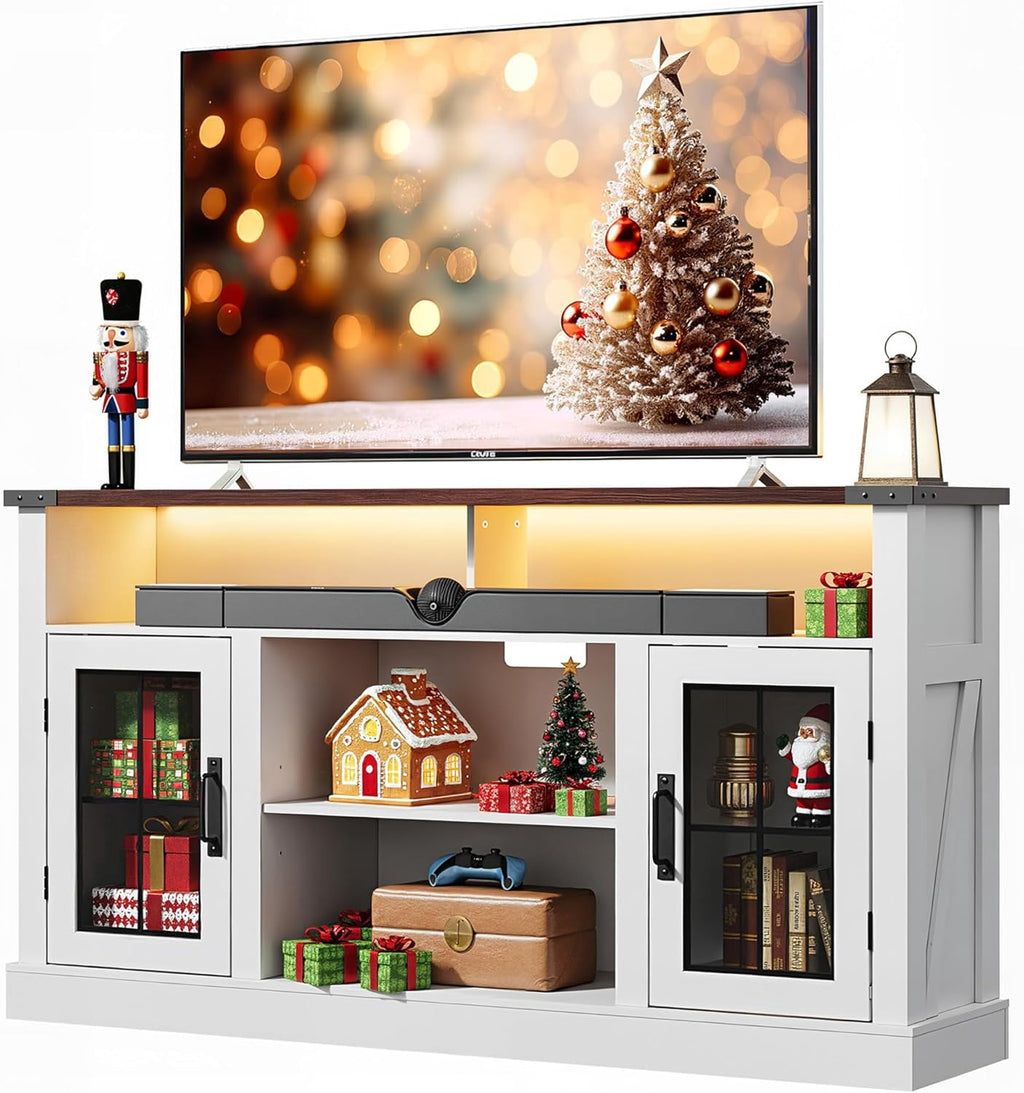 GALAXHERO Farmhouse TV Stand Tall Entertainment Center for 65 Inch TV Table with LED Lights & Storage Cabinets, TV Media Console Table for Living Room, Bedroom, Home Theater