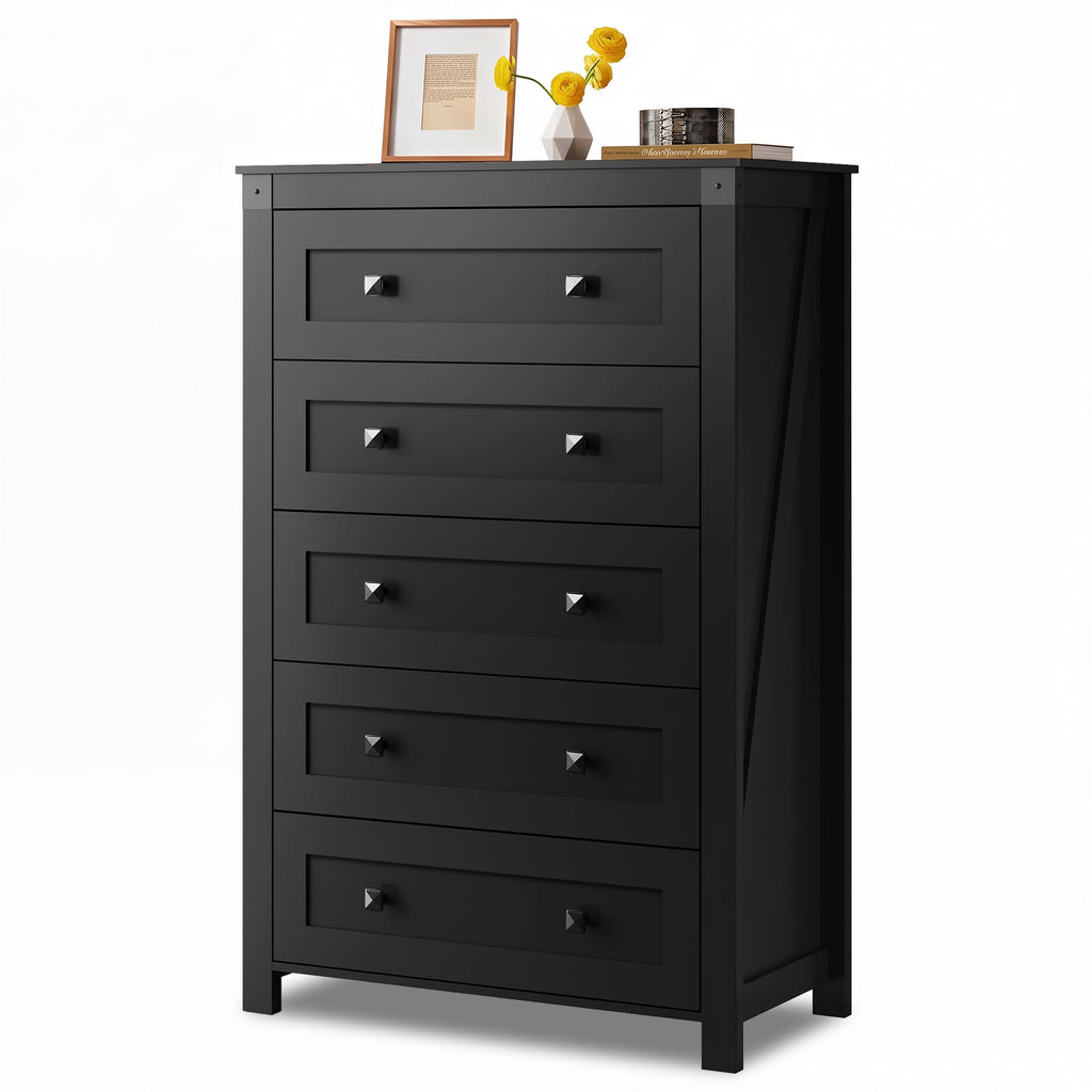 GALAXHERO Farmhouse 5 Drawer Dresser,Tall Dresser with Double Rustic Handles, Wood Chest of Drawers for Bedroom, Living Room, Hallway