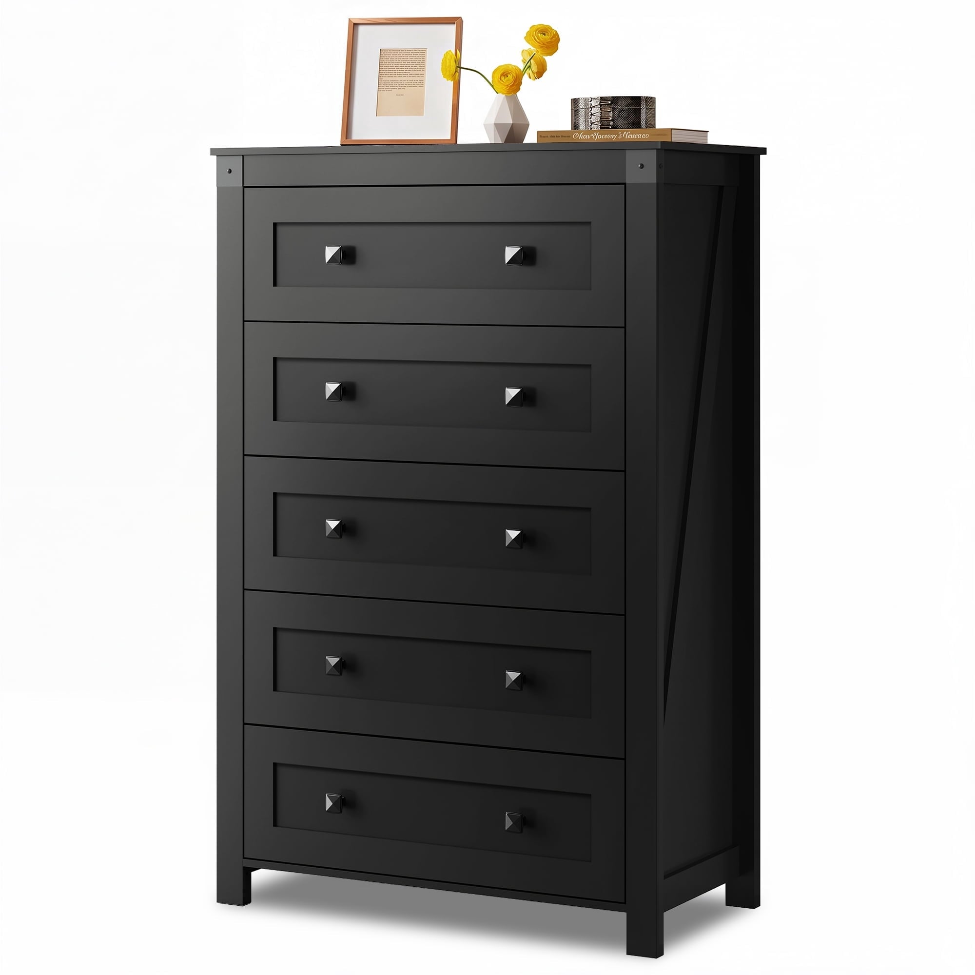 GALAXHERO Farmhouse 5 Drawer Dresser,Tall Dresser with Double Rustic Handles, Wood Chest of Drawers for Bedroom, Living Room, Hallway