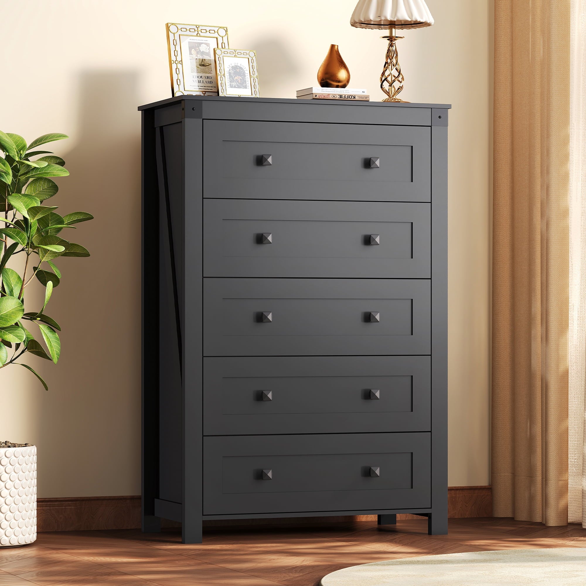 GALAXHERO Farmhouse 5 Drawer Dresser, Tall Dresser with Double Rustic Handles, Wood Chest of Drawers for Bedroom, Living Room, Hallway