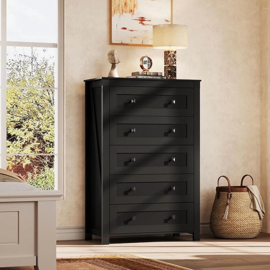 GALAXHERO Farmhouse Tall 5 Drawer Dresser, Wood Storage Organizer for Bedroom, Living Room,  Handles