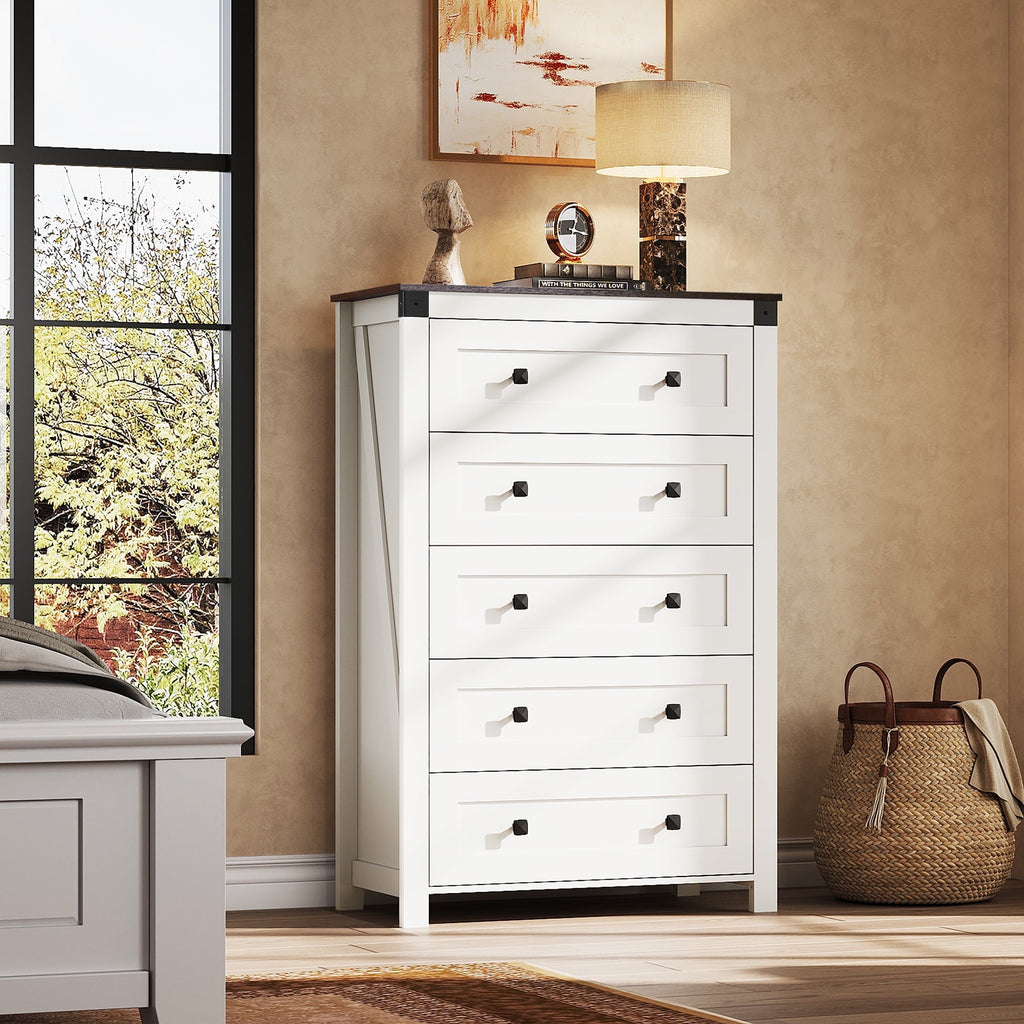 GALAXHERO Farmhouse Tall 5 Drawer Dresser, Wood Storage Organizer for Bedroom, Living Room,  Handles