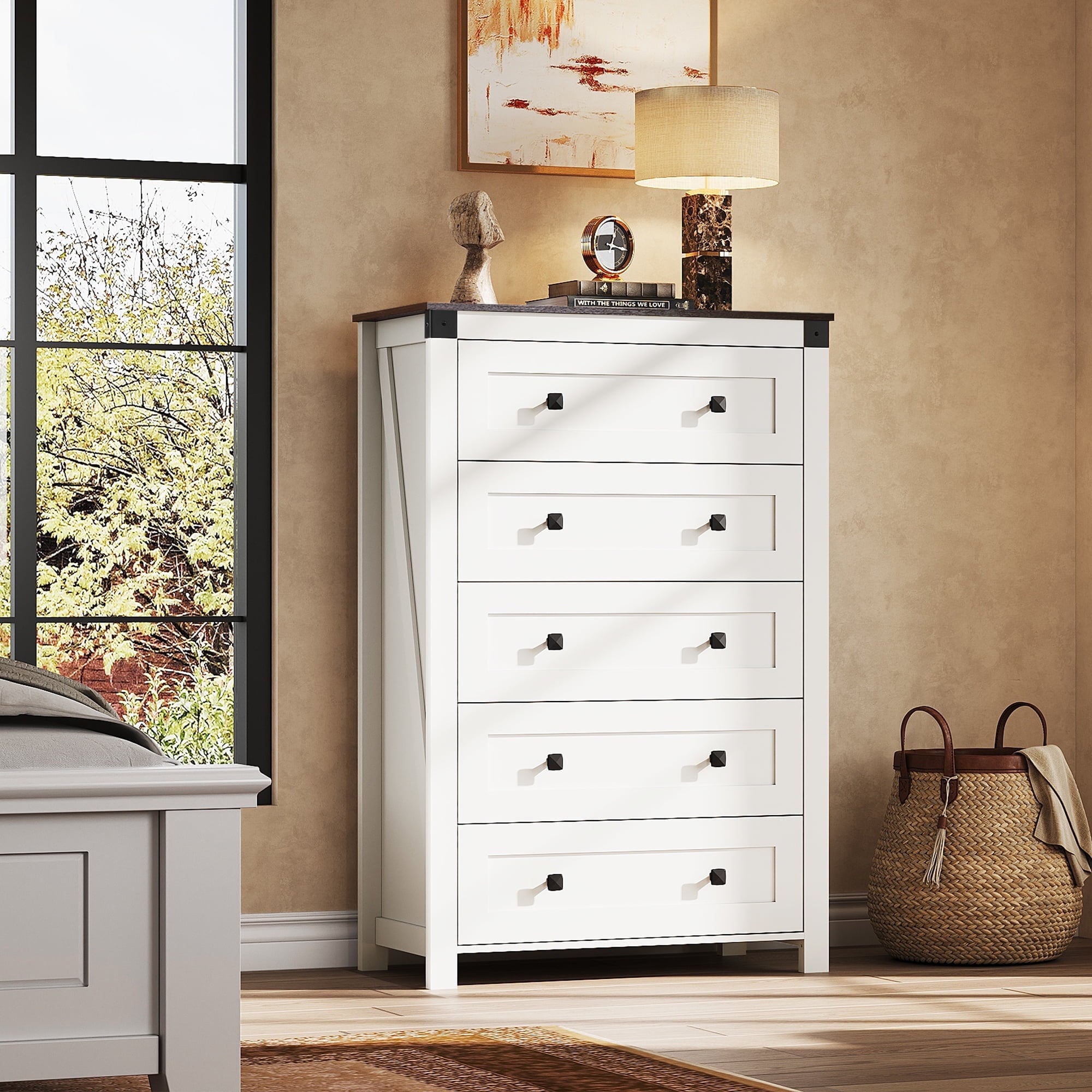 GALAXHERO Farmhouse Tall 5 Drawer Dresser, Wood Storage Organizer for Bedroom, Living Room,  Handles