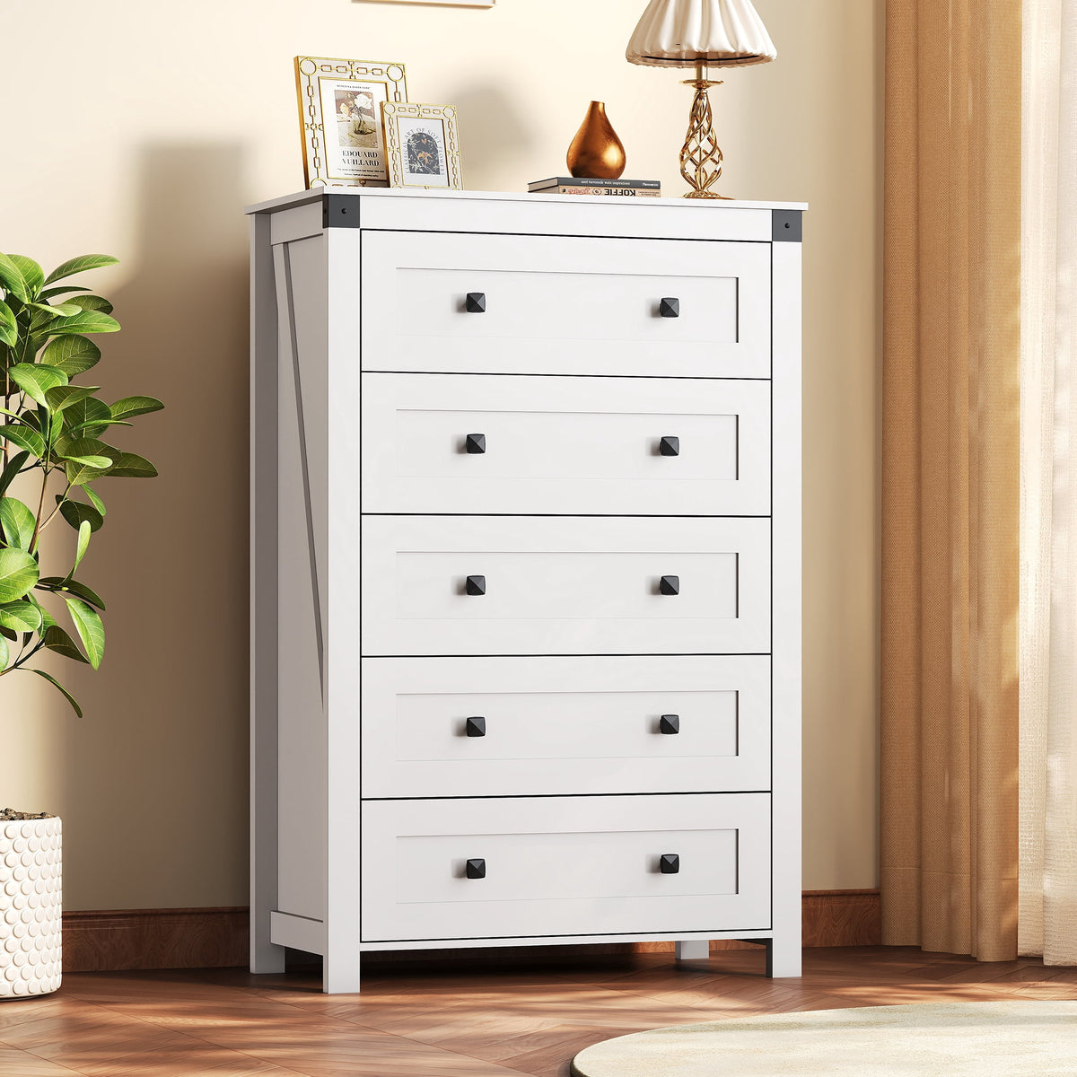 GALAXHERO Farmhouse 5 Drawer Dresser, Tall Dresser with Double Rustic Handles, Wood Chest of Drawers for Bedroom, Living Room, Hallway