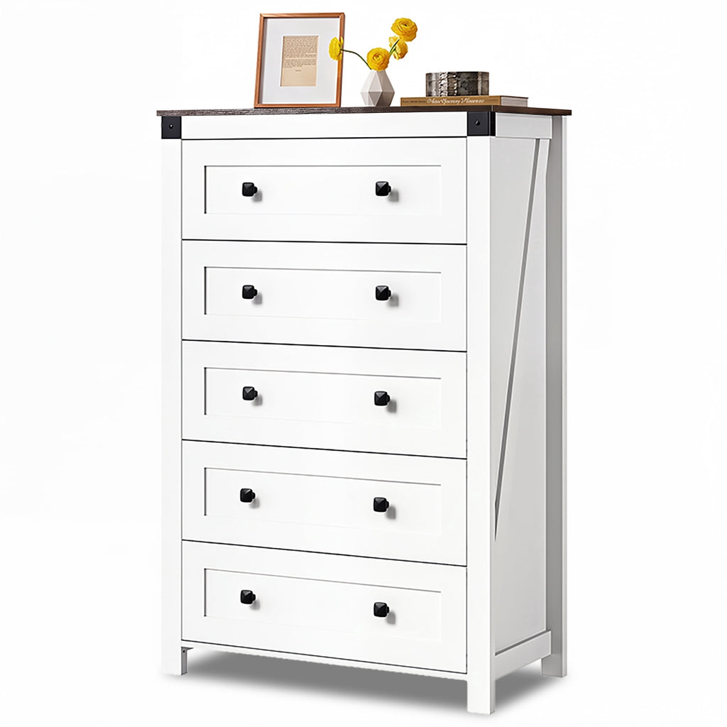 GALAXHERO Farmhouse 5 Drawer Dresser,Tall Dresser with Double Rustic Handles, Wood Chest of Drawers for Bedroom, Living Room, Hallway