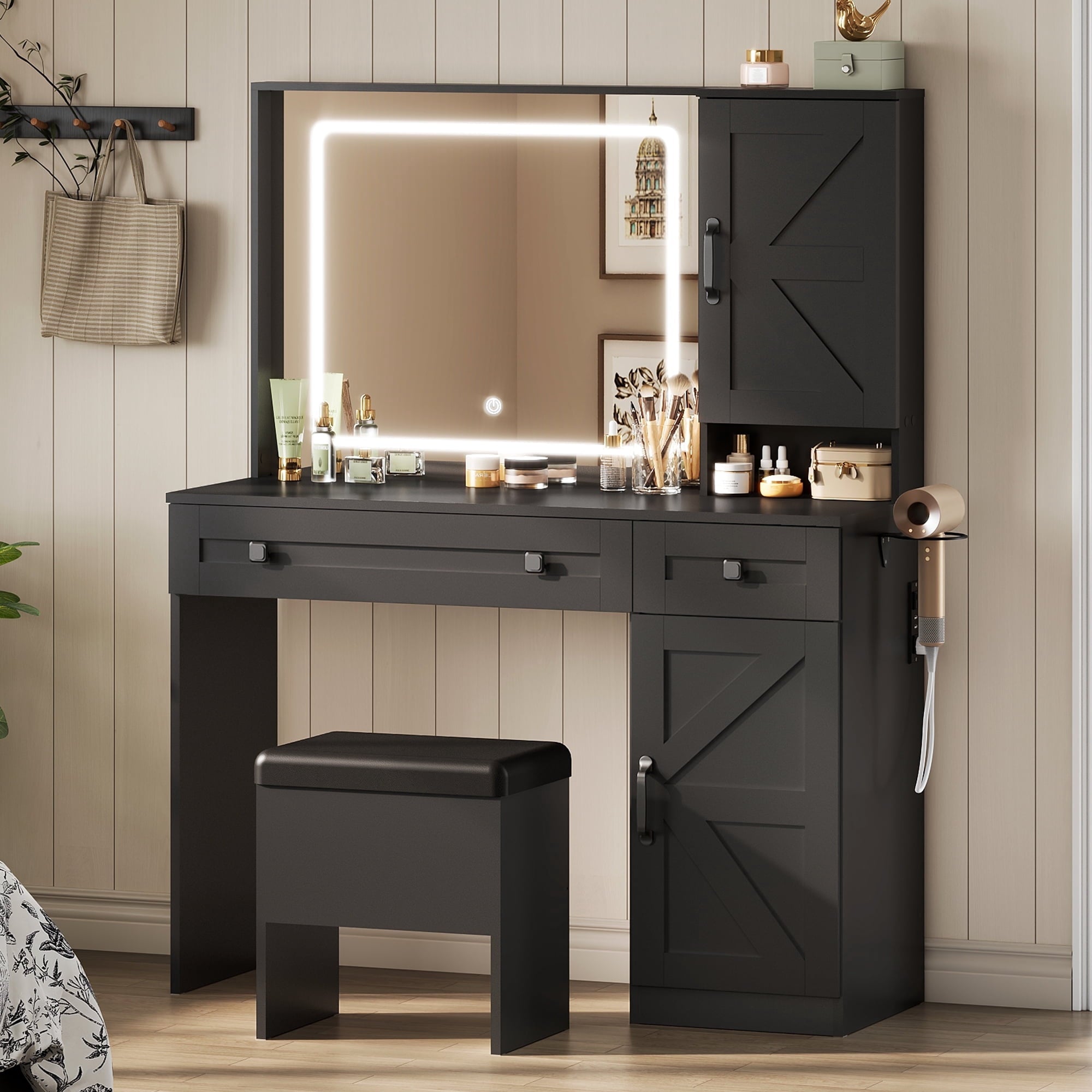 GALAXHERO Farmhouse Vanity Desk, Makeup Table Set with Mirror and Lights, Dressing Table with 2 Drawers and 2 Cabinets, Hair Dryer Holder for Bedroom