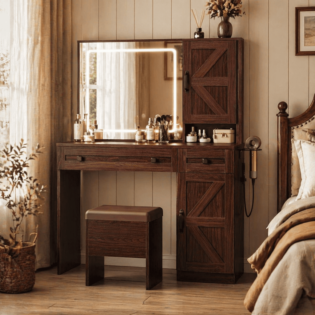 GALAXHERO Farmhouse Vanity Desk, Makeup Table Set with Mirror and Lights, Dressing Table with 2 Drawers and 2 Cabinets, Hair Dryer Holder for Bedroom