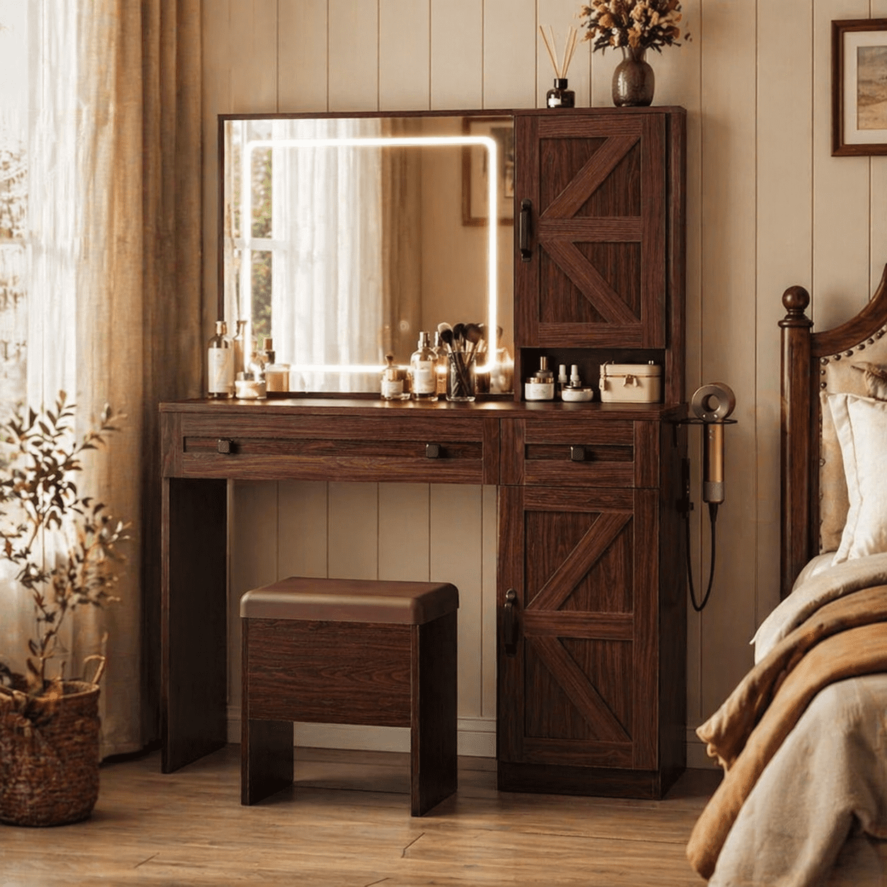 GALAXHERO Farmhouse Vanity Desk, Makeup Table Set with Mirror and Lights, Dressing Table with 2 Drawers and 2 Cabinets, Hair Dryer Holder for Bedroom