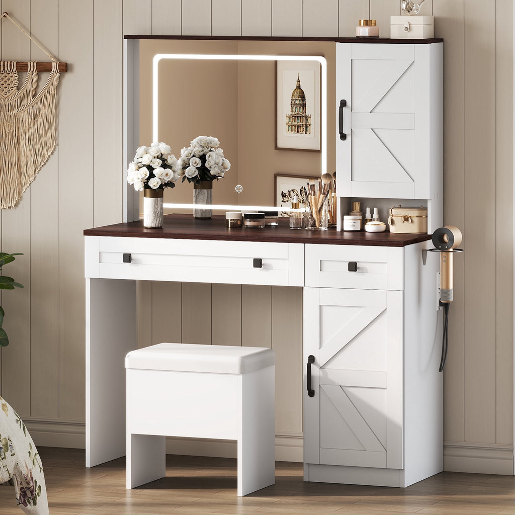 GALAXHERO Farmhouse Vanity Desk, Makeup Table Set with Mirror and Lights, Dressing Table with 2 Drawers and 2 Cabinets, Hair Dryer Holder for Bedroom