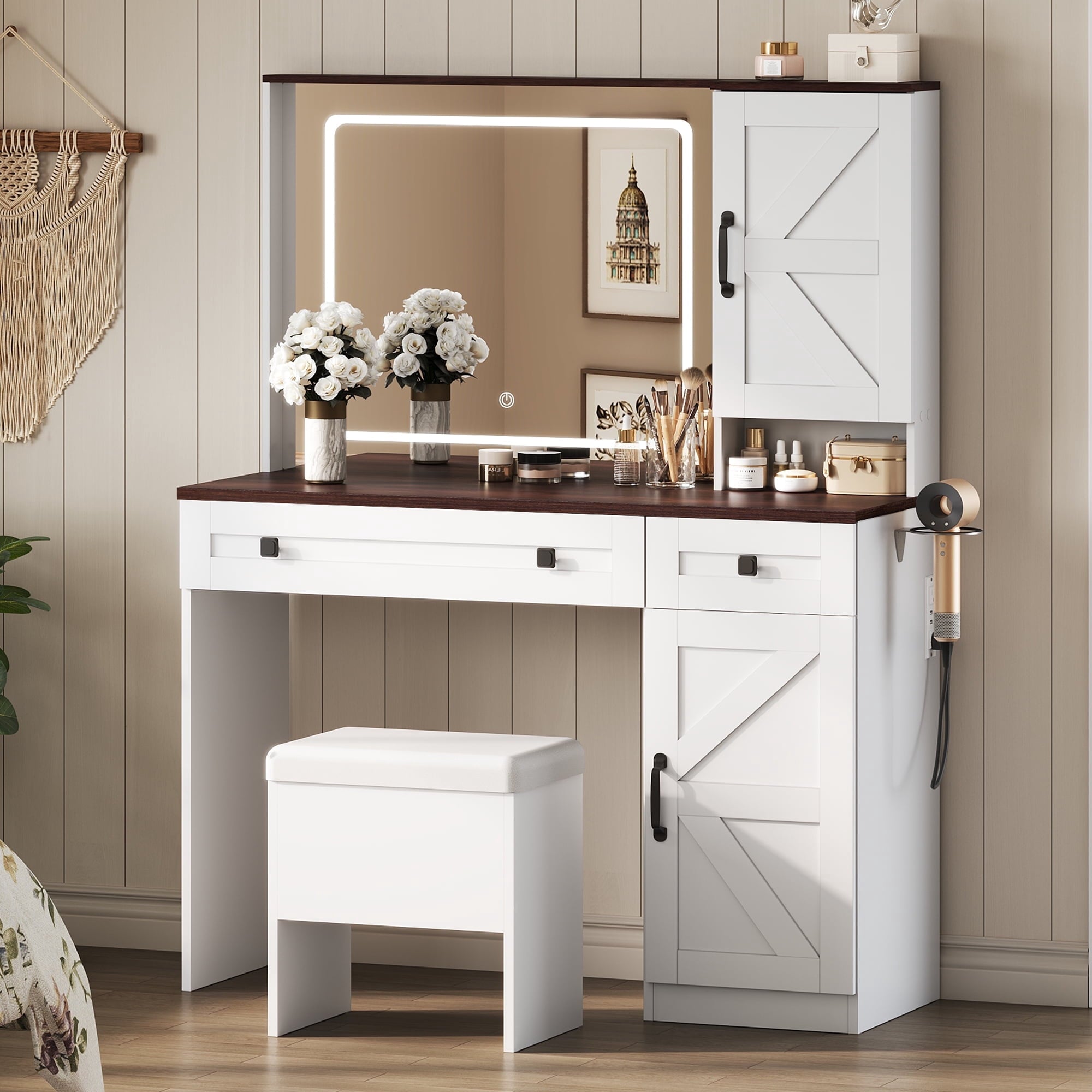 GALAXHERO Farmhouse Vanity Desk, Makeup Table Set with Mirror and Lights, Dressing Table with 2 Drawers and 2 Cabinets, Hair Dryer Holder for Bedroom