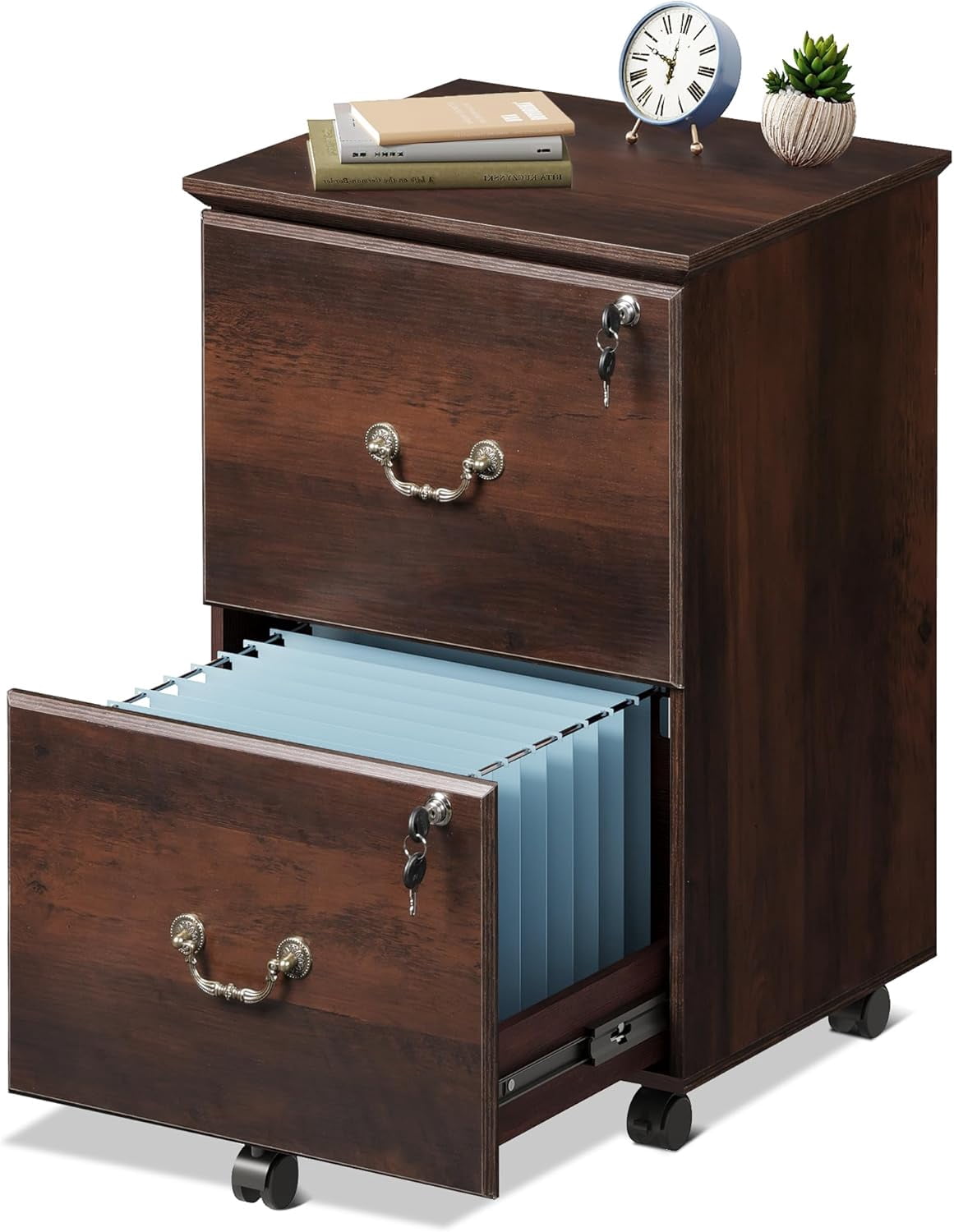 GALAXHERO File Cabinet 2-Drawer, Rolling Under Desk Filing Cabinet for Home Office, Small Office Furniture with Lock, Brown Oak