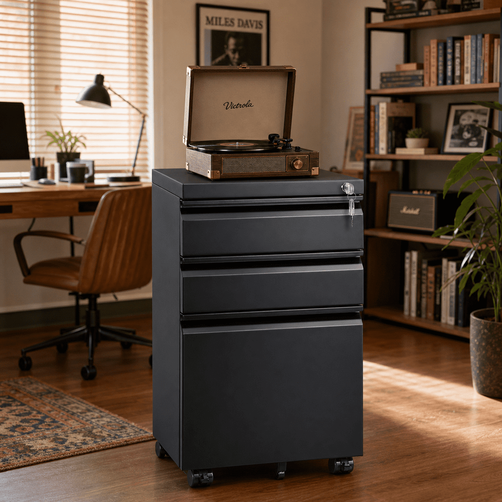 GALAXHERO 3 Drawer Metal File Cabinet with Lock, Mobile Printer Cabinet & Small Under Desk Filing Cabinet for Home Office, Fits Legal/Letter/A4