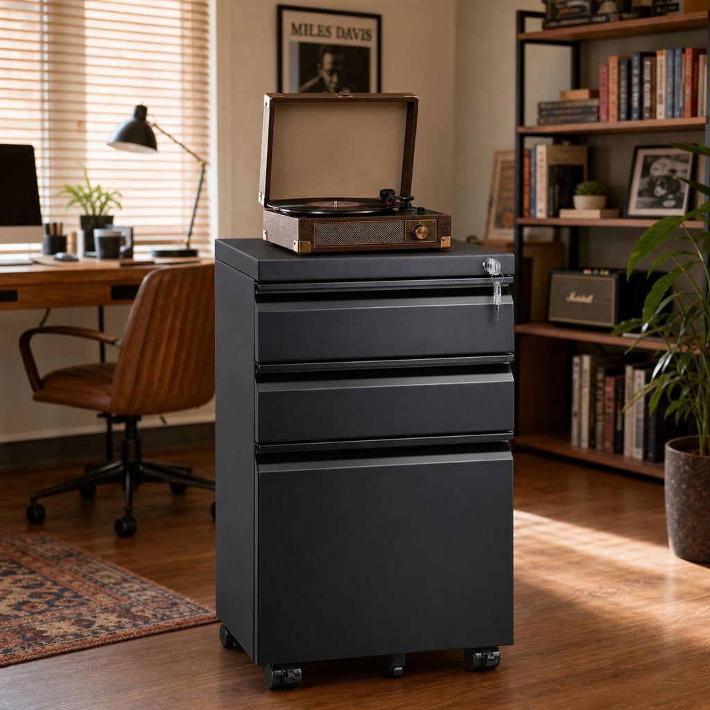 GALAXHERO 3 Drawer Metal File Cabinet with Lock(No Assembly), Mobile Printer Cabinet & Small Under Desk Filing Cabinet for Home Office, Fits Legal/Letter/A4