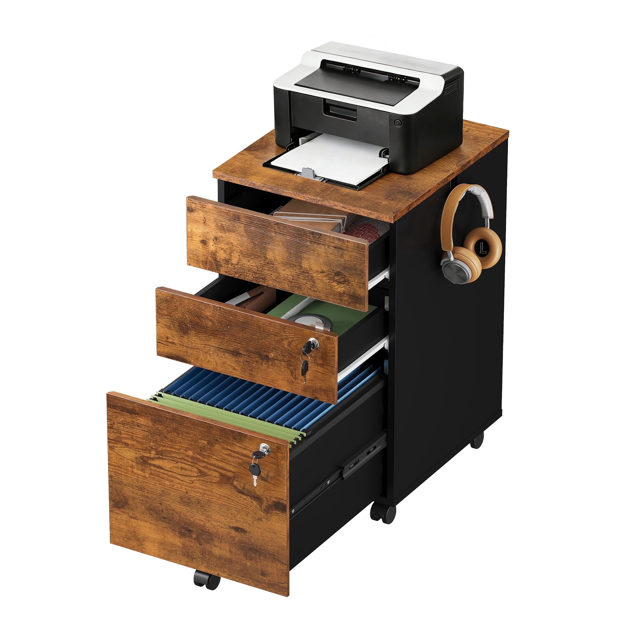 GALAXHERO 3 Drawers Storage Cabinet with Lock, Rolling Wood File Cabinet, Vertical Filing Cabinet for Home Office, Fits Letter/A4