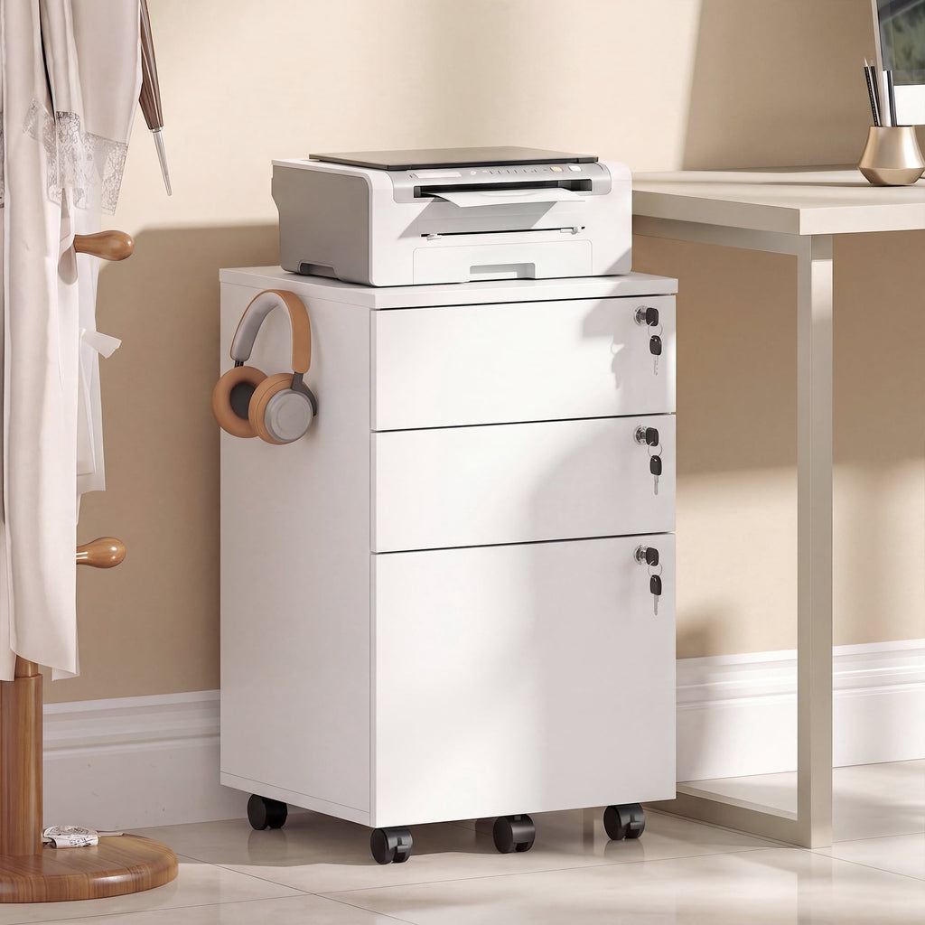 GALAXHERO 3 Drawers Storage Cabinet with Lock, Rolling Wood File Cabinet, Vertical Filing Cabinet for Home Office, Fits Letter/A4