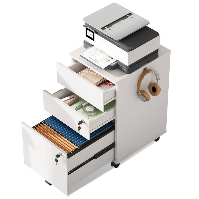 GALAXHERO File Cabinet 3-Drawer Rolling Wood Cabinet for Home Office with Lock, Fits Letter/A4/Legal Size, Retractable Hook, White