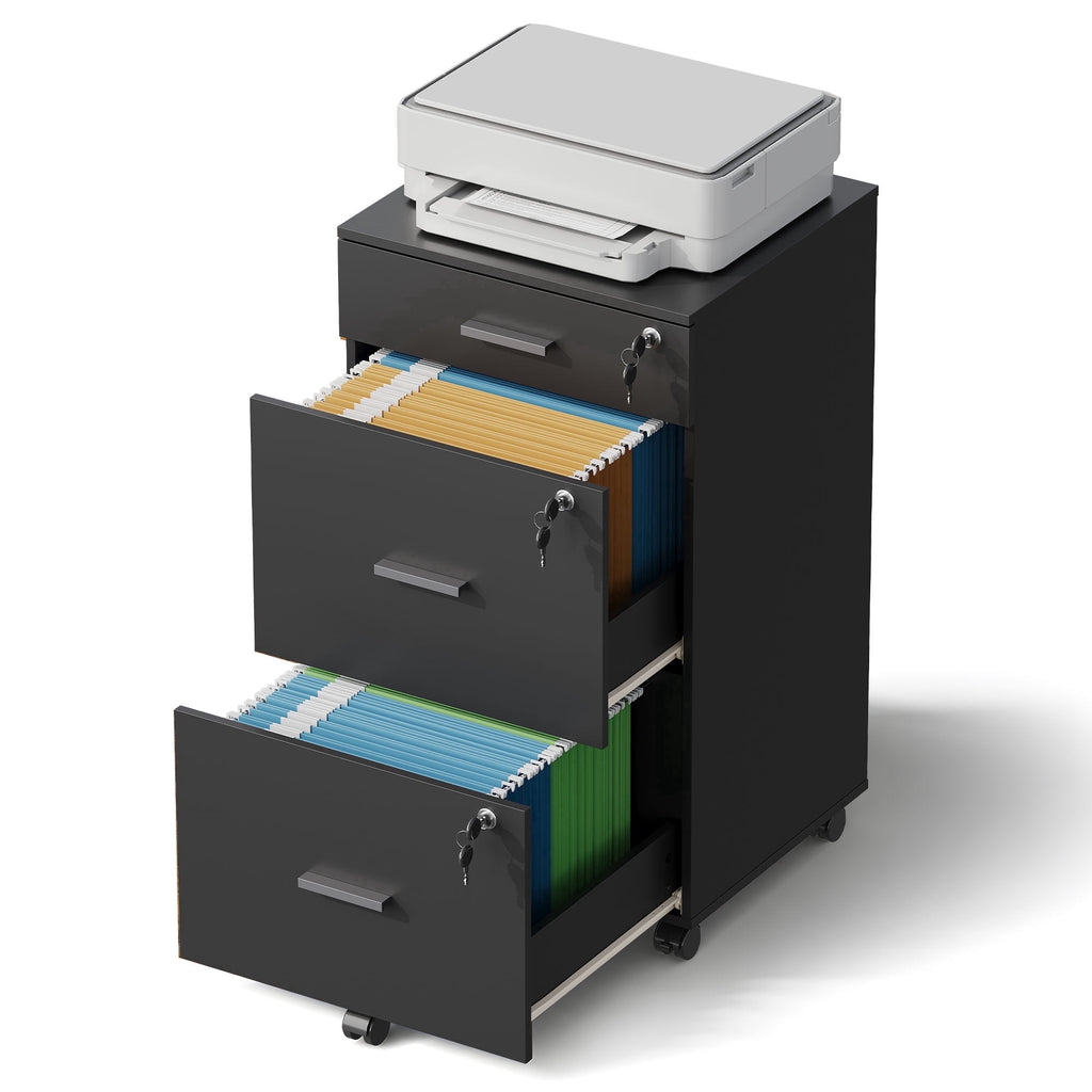 GALAXHERO Filing Cabinet with Lock and Key, 3 Drawer Rolling File Cabinet, Wood Storage Locker, Fits Letter/A4 Size