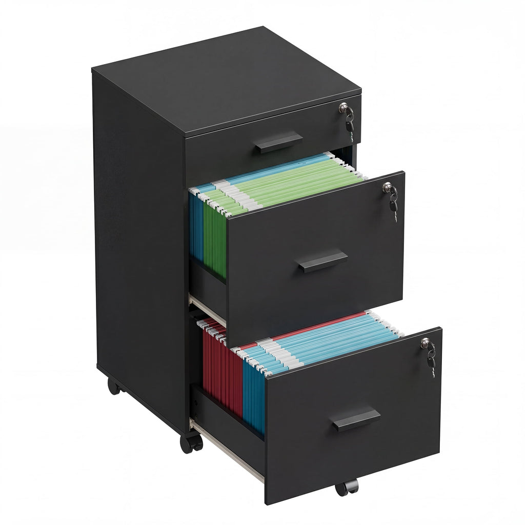 GALAXHERO Filing Cabinet with Lock and Key, 3 Drawer Rolling File Cabinet, Wood File Cabinet for Home Office, Fits Letter/A4 Size