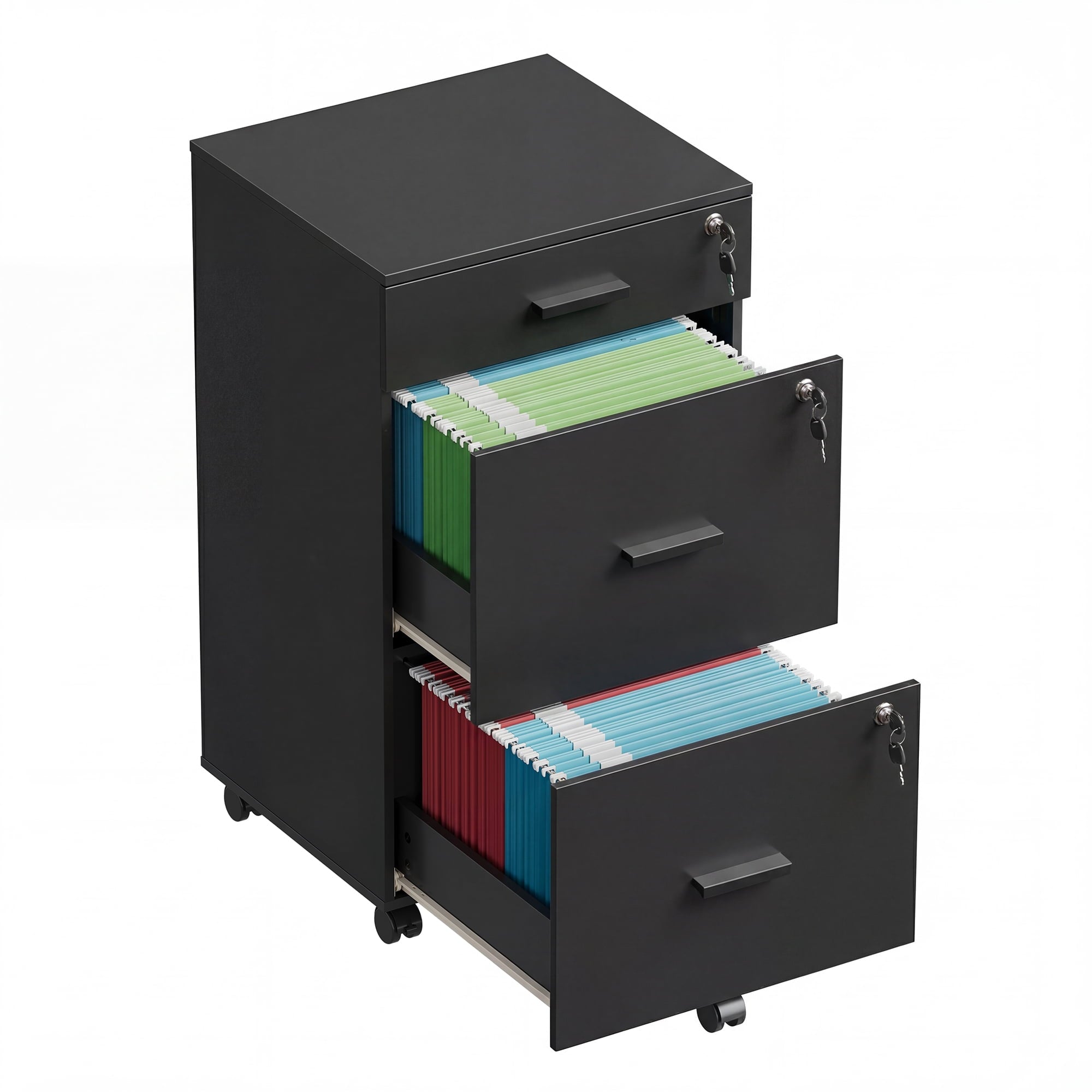 GALAXHERO Filing Cabinet with Lock and Key, 3 Drawer Rolling File Cabinet, Wood File Cabinet for Home Office, Fits Letter/A4 Size