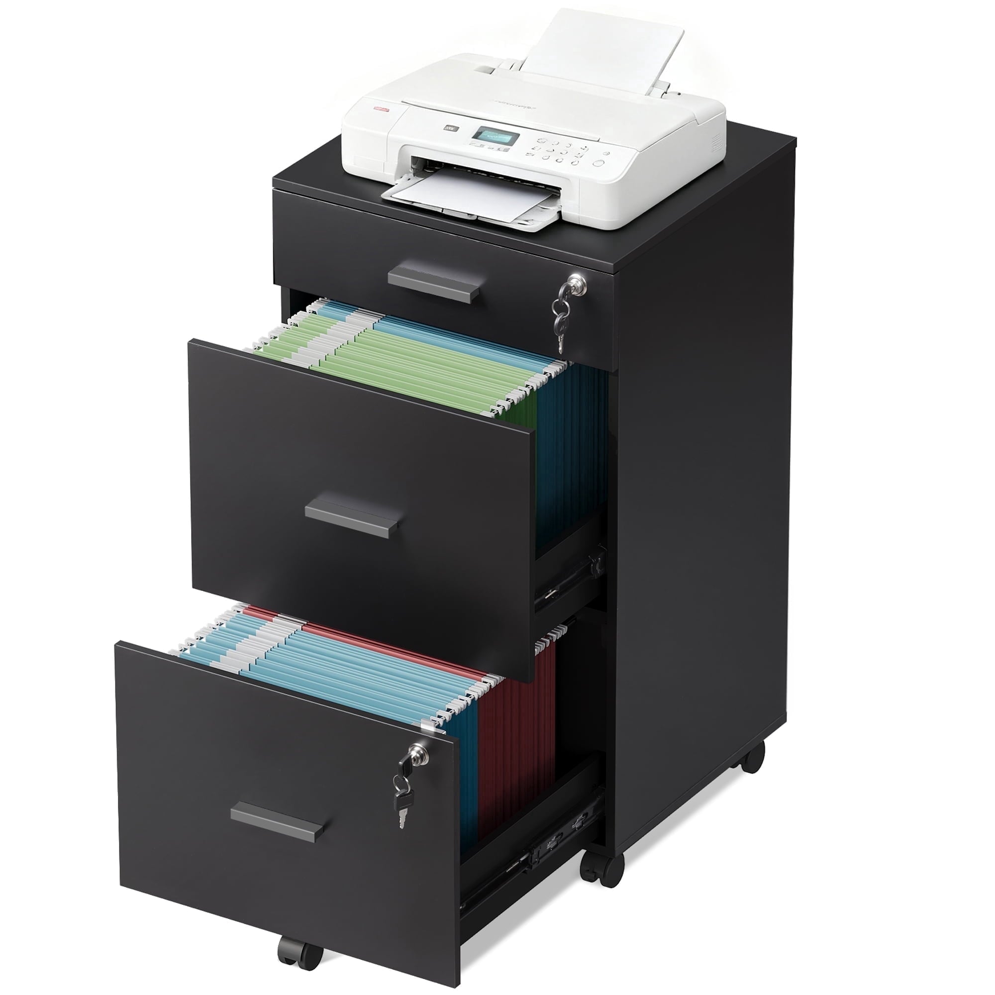 GALAXHERO Filing Cabinet with Lock and Key, 3 Drawer Rolling File Cabinet,  Wood Storage Locker, Fits Letter/A4 Size