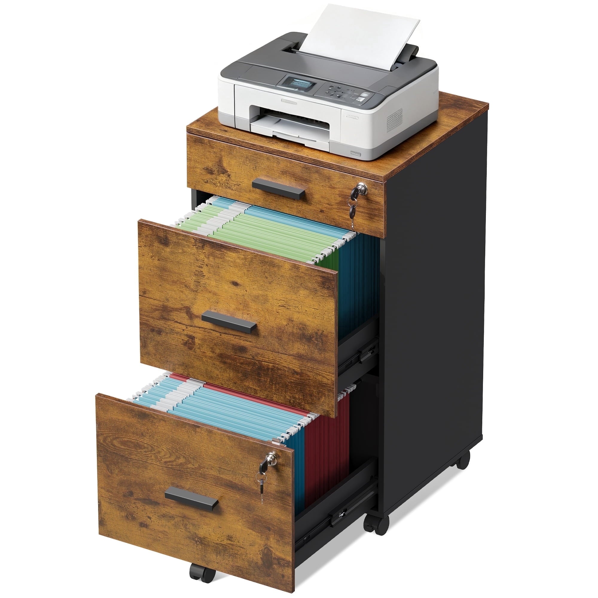 GALAXHERO Filing Cabinet with Lock and Key, 3 Drawer Rolling File Cabinet,  Wood Storage Locker, Fits Letter/A4 Size