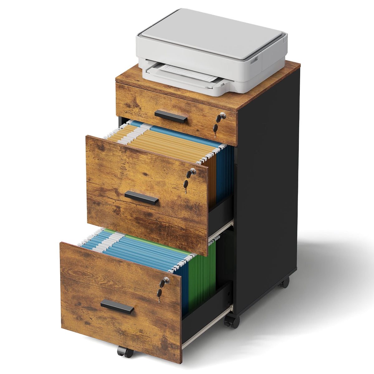 GALAXHERO Filing Cabinet with Lock and Key, 3 Drawer Rolling File Cabinet, Wood Storage Locker, Fits Letter/A4 Size