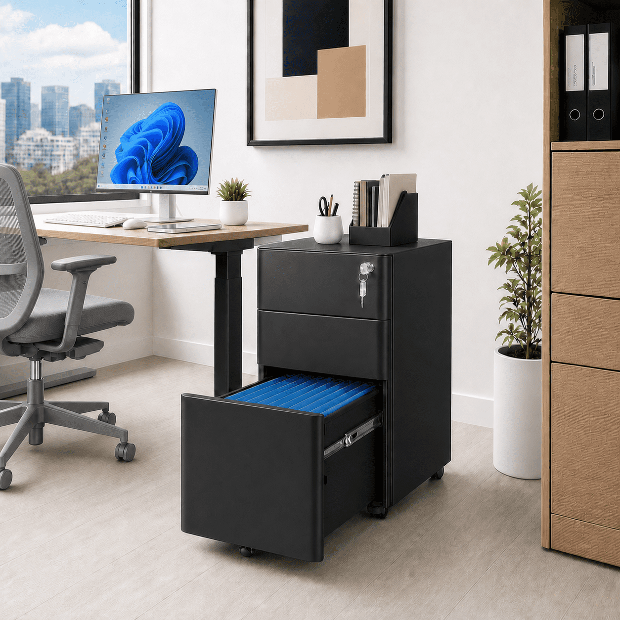 GALAXHERO 3 Drawer Metal File Cabinet with Lock, Vertical Rolling Filing Cabinet for Home Office, Fits A4/Letter/Legal