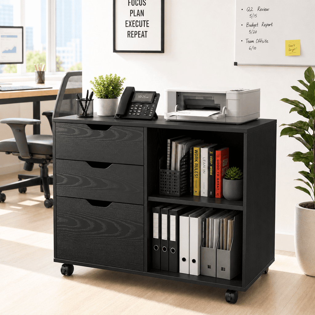 GALAXHERO 3 Drawer File Cabinet, Mobile Printer Stand with Storage Shelves, Wood Lateral Filing Cabinet, Office Storage Cabinet for Home Office, White
