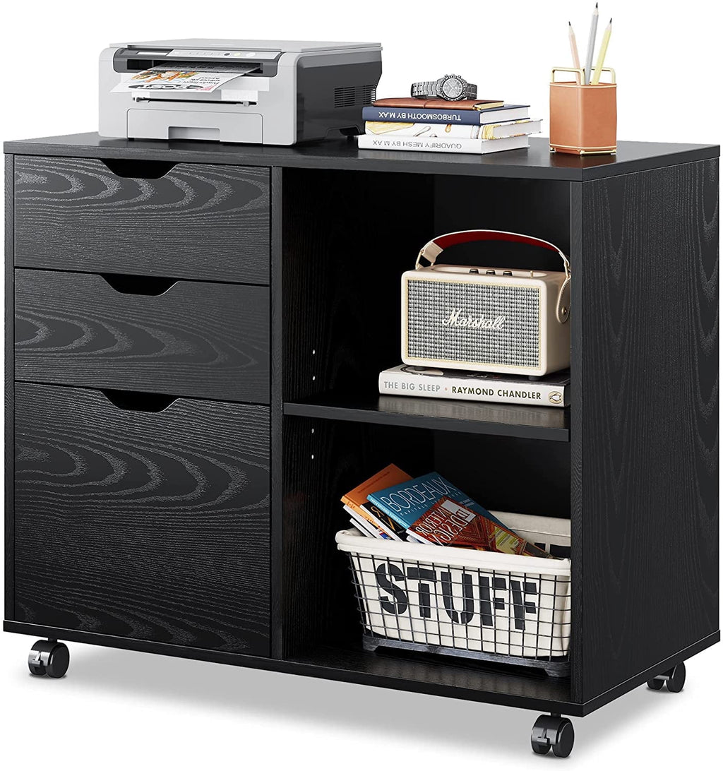 GALAXHERO File Cabinet 3-Drawer Wood Mobile Lateral Cabinet for Home Office with Printer Stand and Open Storage Shelves