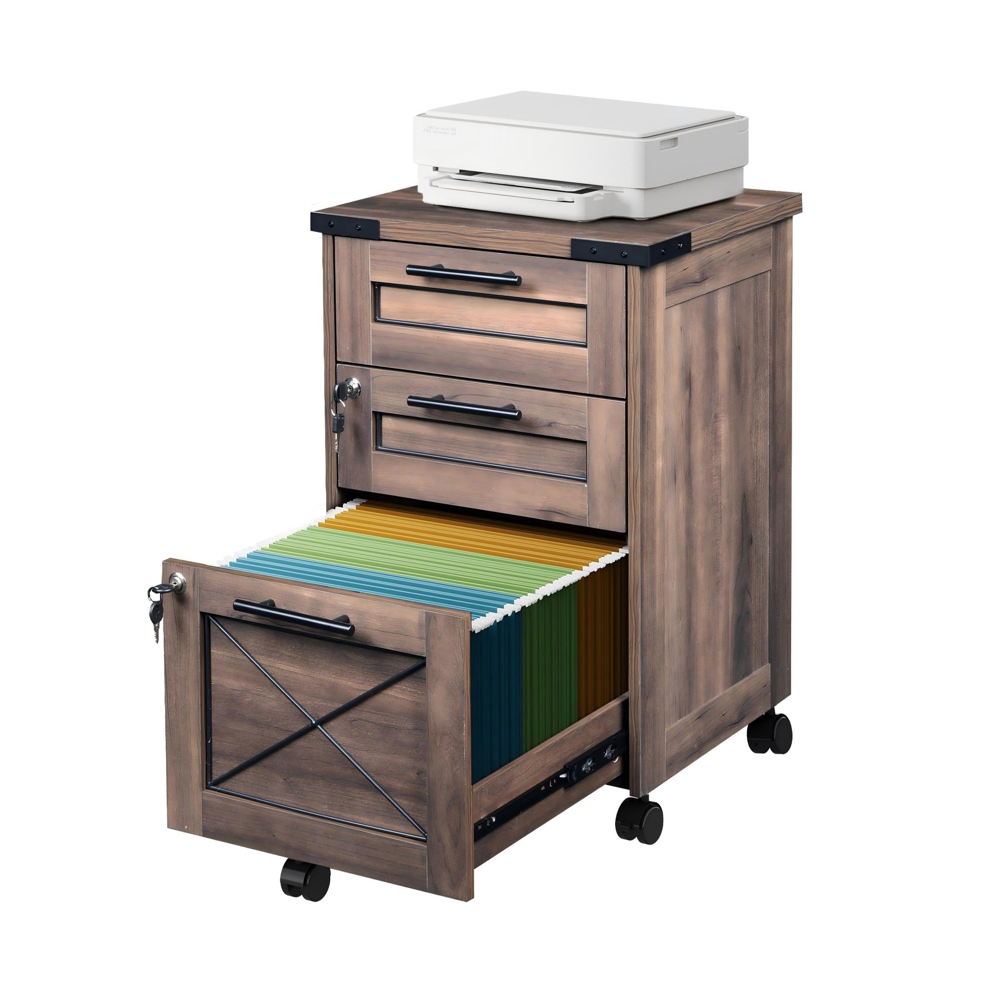 GALAXHERO File Cabinet 3 Drawers with Lock, Under Desk Filing Cabinets, Mobile Printer Stand for Home Office, Wood Storage Organizer Fit Letter/A4 Size
