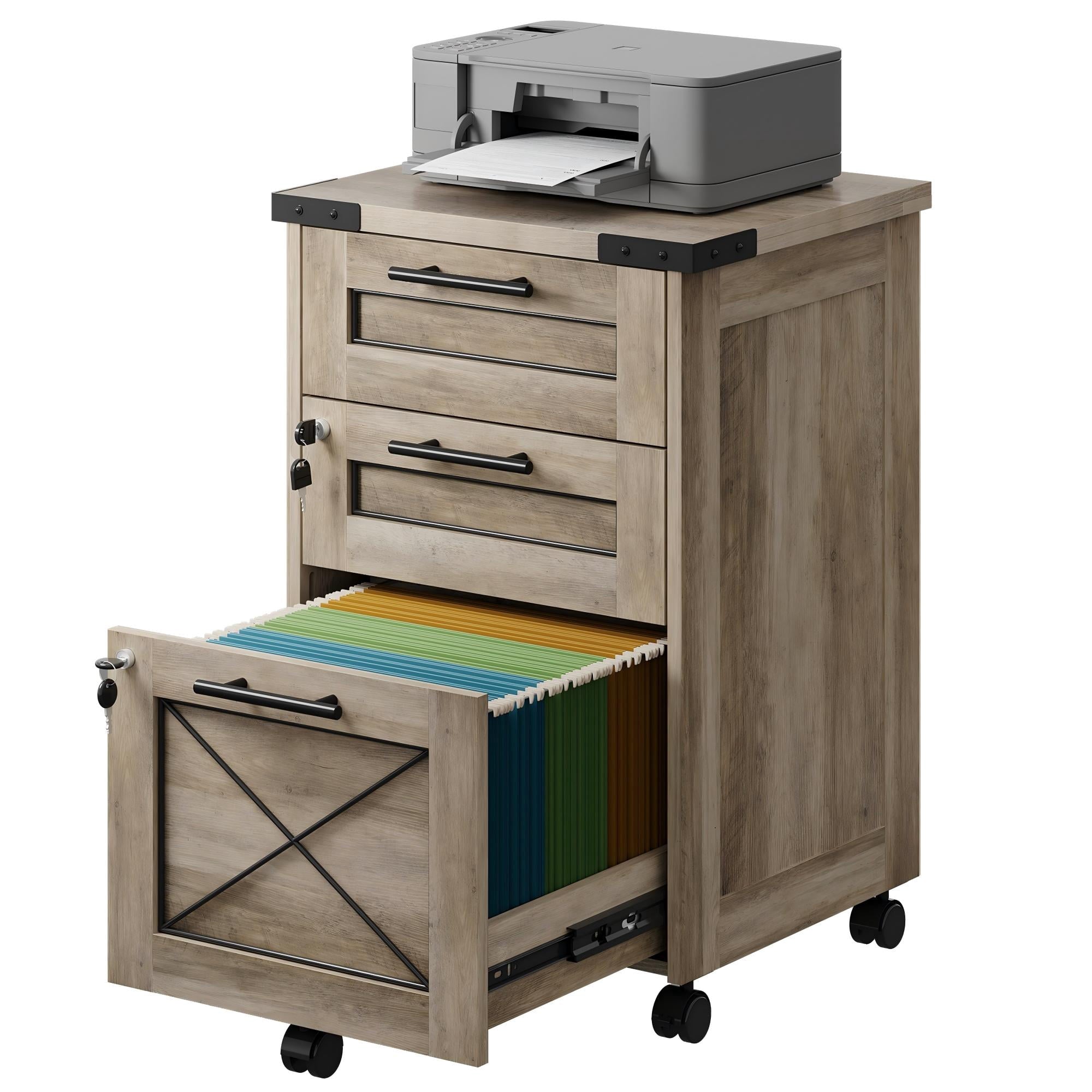 GALAXHERO File Cabinet 3 Drawers with Lock, Under Desk Filing Cabinets, Mobile Printer Stand for Home Office, Wood Storage Organizer Fit Letter/A4 Size