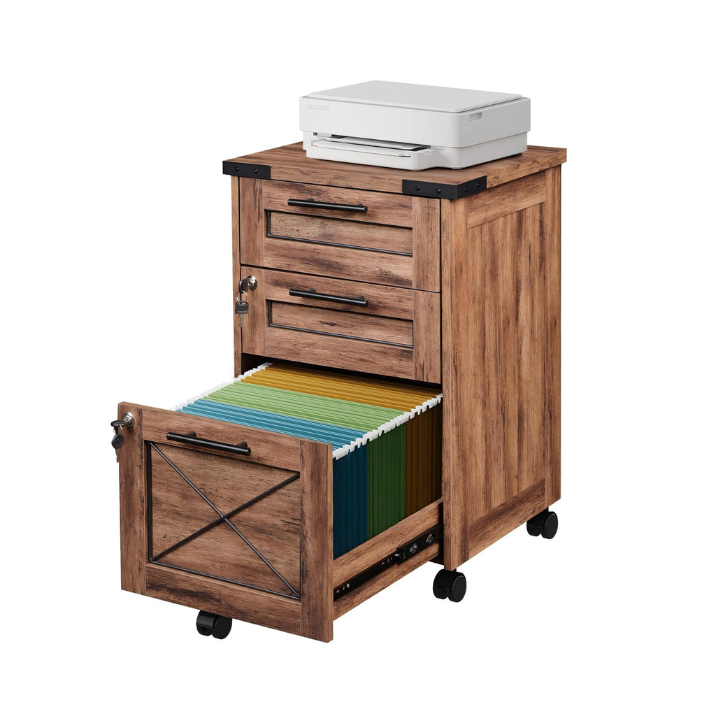 GALAXHERO File Cabinet 3 Drawers with Lock, Under Desk Filing Cabinets, Mobile Printer Stand for Home Office, Wood Storage Organizer Fit Letter/A4 Size