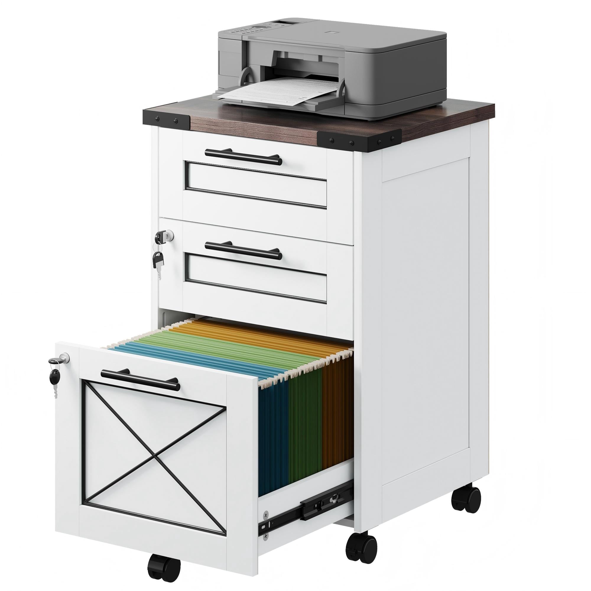 GALAXHERO File Cabinet 3 Drawers with Lock, Under Desk Filing Cabinets, Mobile Printer Stand for Home Office, Wood Storage Organizer Fit Letter/A4 Size