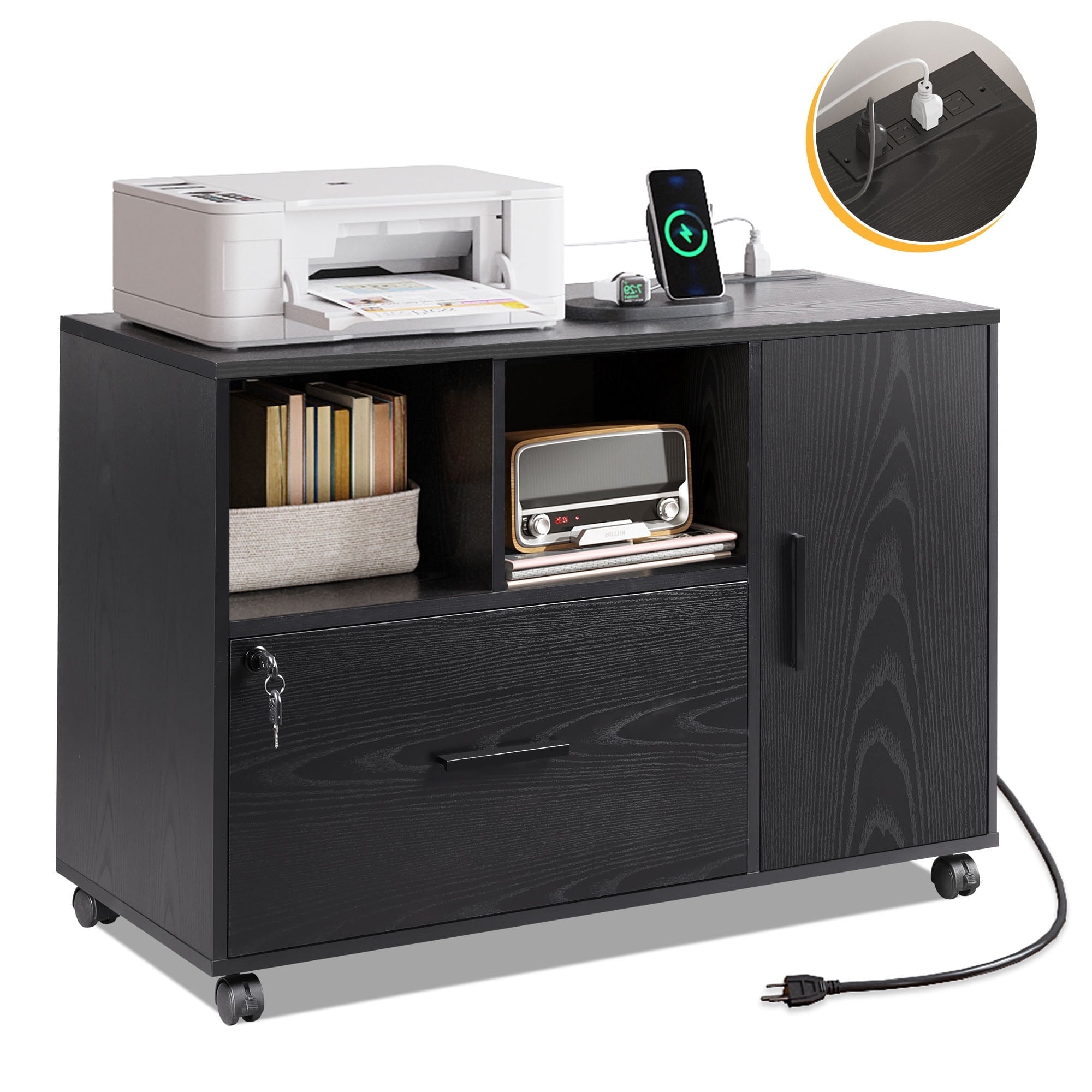 GALAXHERO Wood File Cabinet with Lock and Charge Station, Mobile Printer Stand with Storage Shelves for Home Office, White