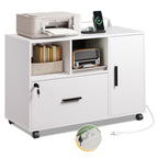 GALAXHERO Wood File Cabinet with Lock and Charge Station, Mobile Printer Stand with Storage Shelves for Home Office, White