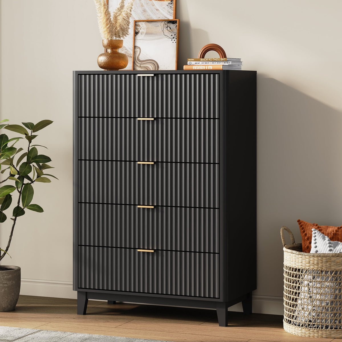 GALAXHERO 5 Drawers Dresser, Fluted Tall Dresser with Golden Metal Handles, Modern Chest of Drawers for Bedroom, Living Room, Hallway, Closet