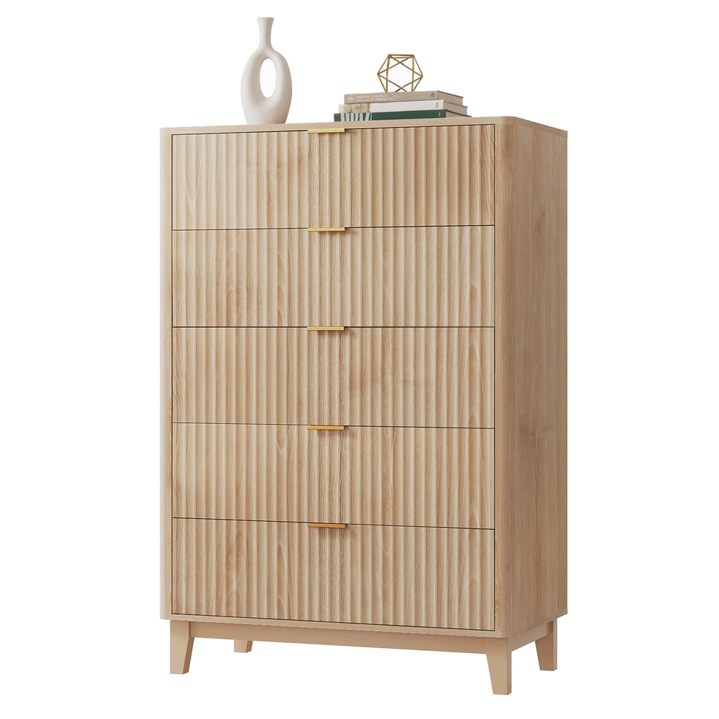 GALAXHERO 5 Drawers Dresser, Fluted Tall Dresser with Golden Metal Handles, Modern Chest of Drawers for Bedroom, Living Room, Hallway, Closet
