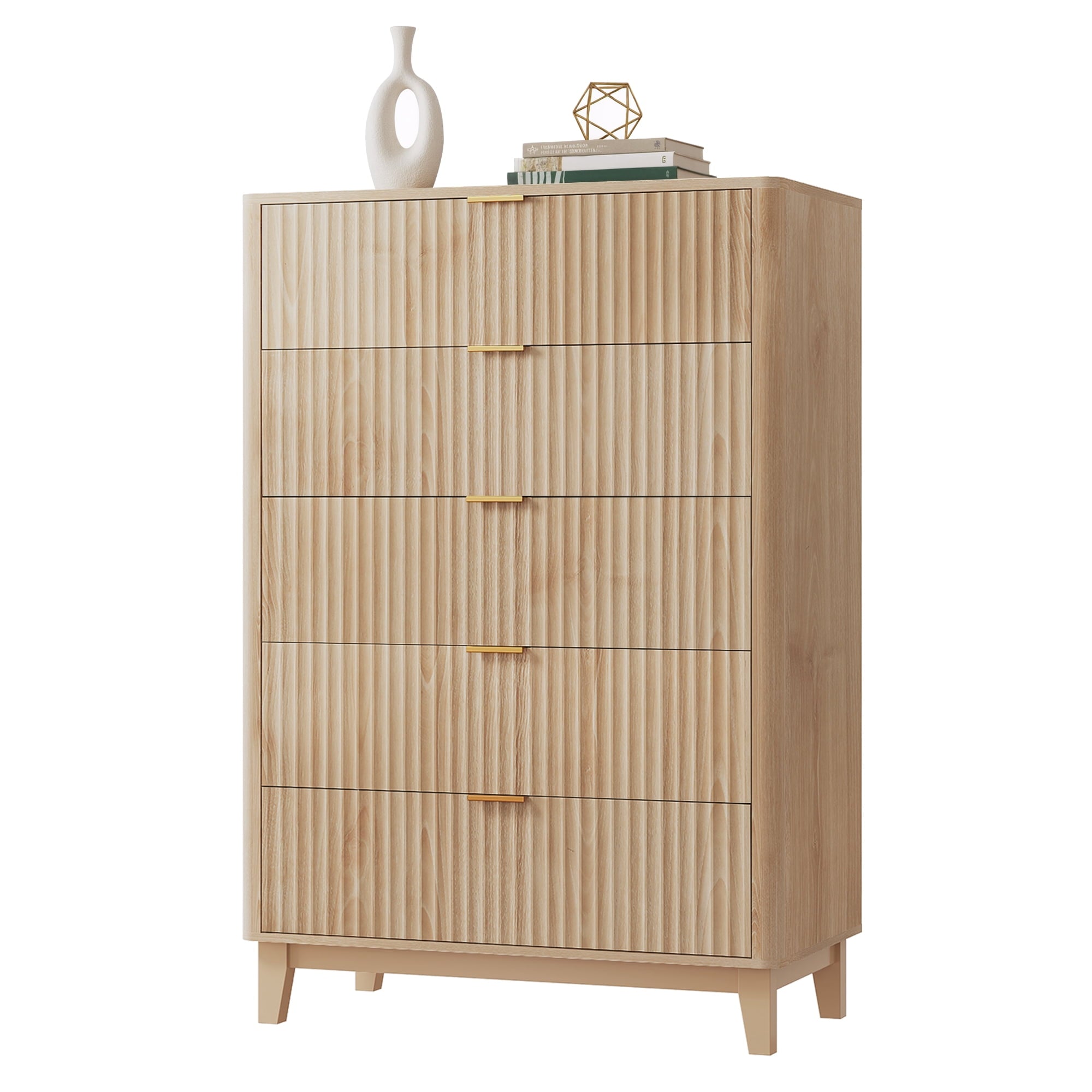 GALAXHERO 5 Drawers Dresser, Fluted Tall Dresser with Golden Metal Handles, Modern Chest of Drawers for Bedroom, Living Room, Hallway, Closet