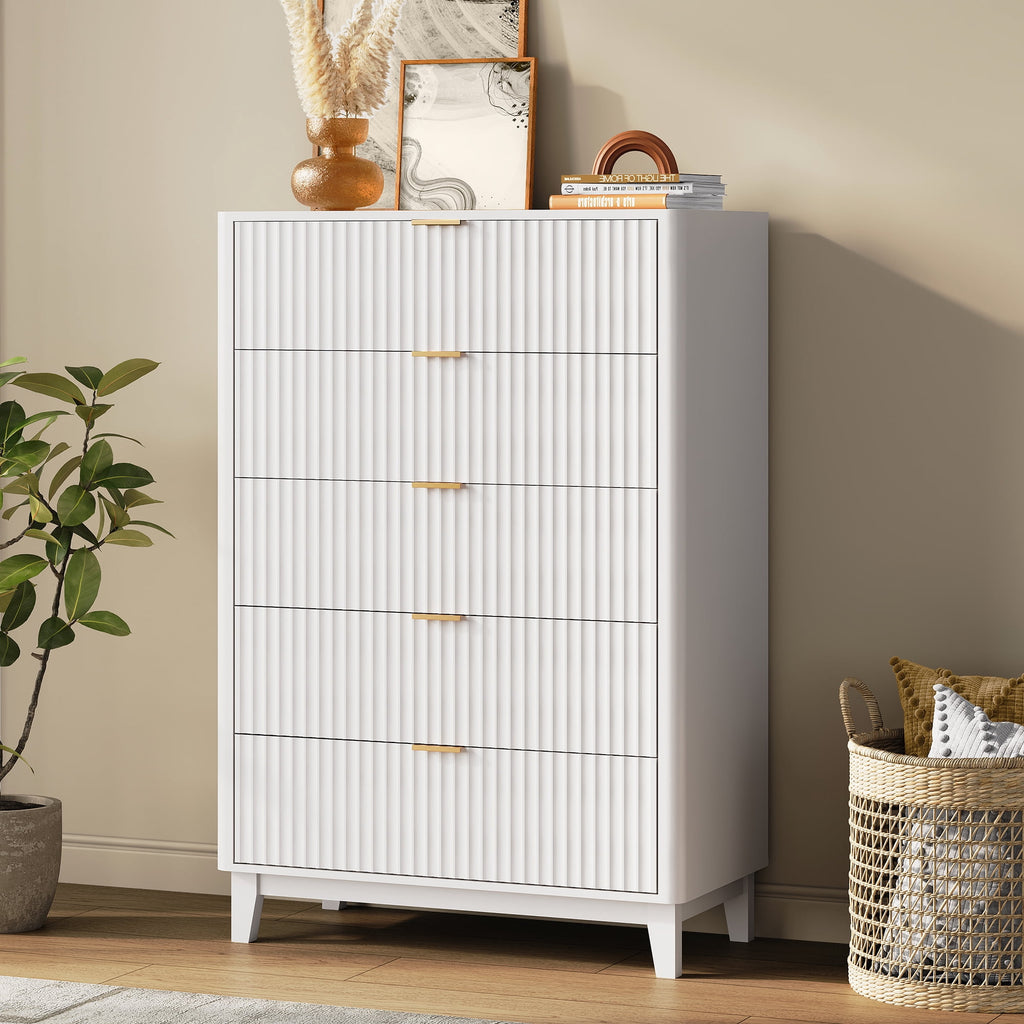 GALAXHERO 5 Drawers Dresser, Fluted Tall Dresser with Golden Metal Handles, Modern Chest of Drawers for Bedroom, Living Room, Hallway, Closet