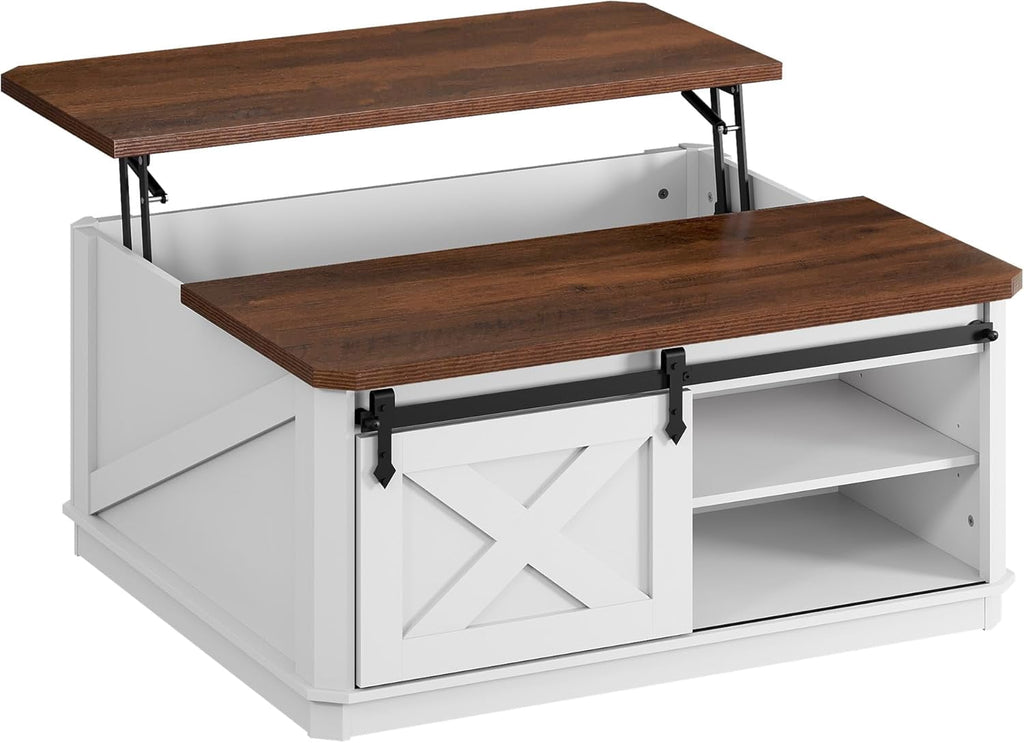 GALAXHERO Lift Top Coffee Table for Living Room 35.5" Framhouse Coffee Table with Storage, Square Center Table Rustic Cocktail Table with Sliding Barn Doors, Curevd Base