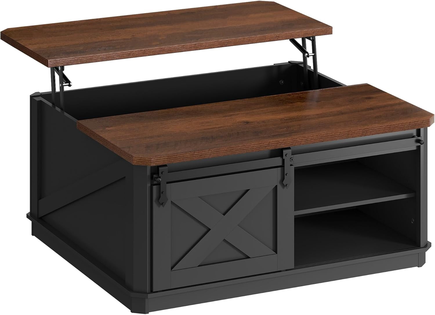 GALAXHERO Lift Top Coffee Table for Living Room 35.5" Framhouse Coffee Table with Storage, Square Center Table Rustic Cocktail Table with Sliding Barn Doors, Curevd Base
