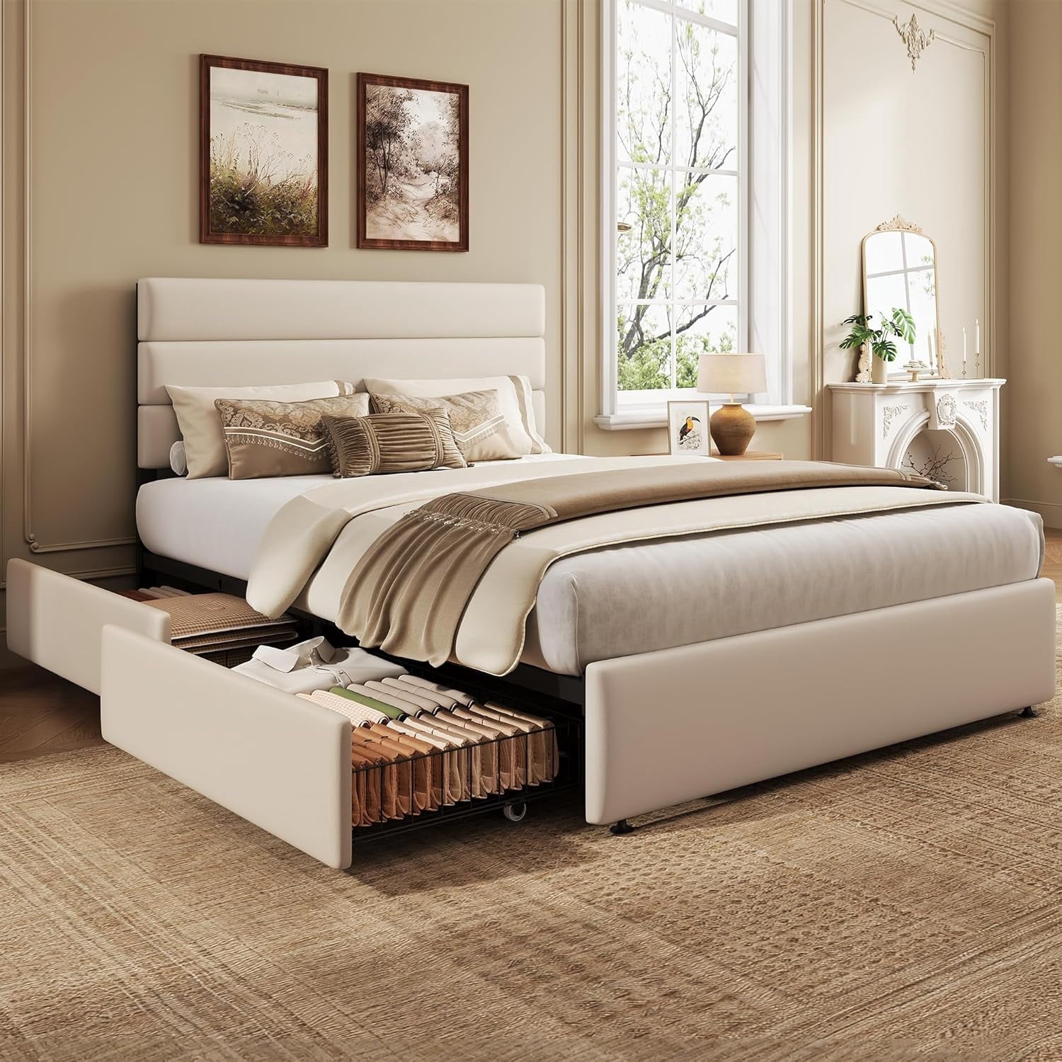 GALAXHERO Full Size Upholstered Bed Frame with 4 Storage Drawers and Headboard, Velvet Platform Bedframe, Sturdy Metal & Wooden Slats Support, No Box Spring Needed, Easy Assembly
